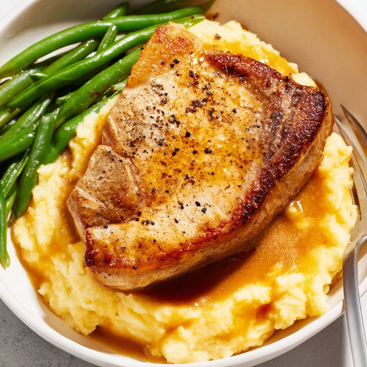 Comforting pork chops and cheddar mash bowl topped with crisp green beans.  