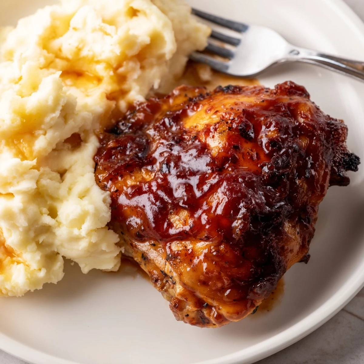 Succulent honey BBQ chicken thighs with creamy garlic mashed potatoes served on a plate.  