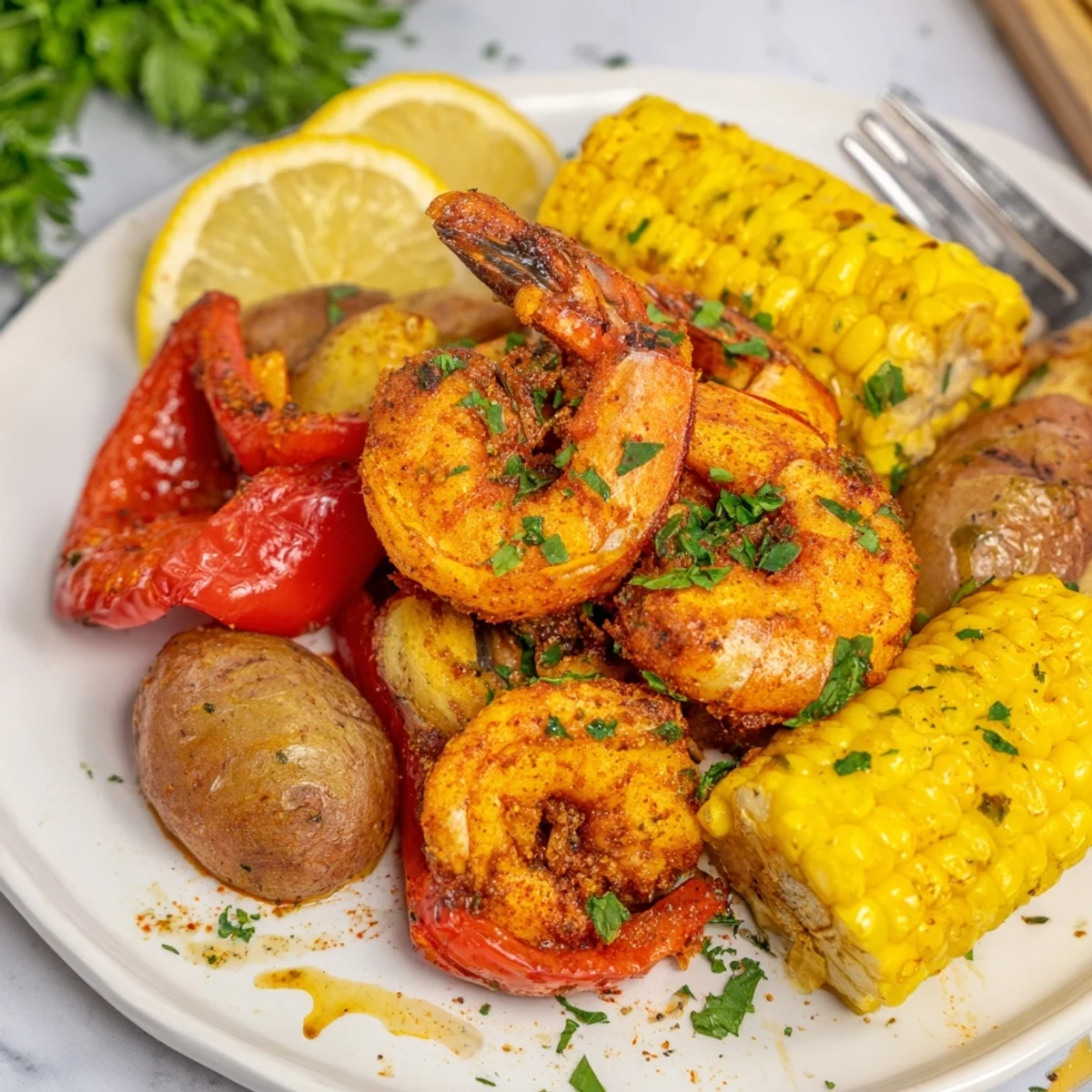 Vibrant Cajun shrimp & sweet corn platter with roasted potatoes and bold spices.  