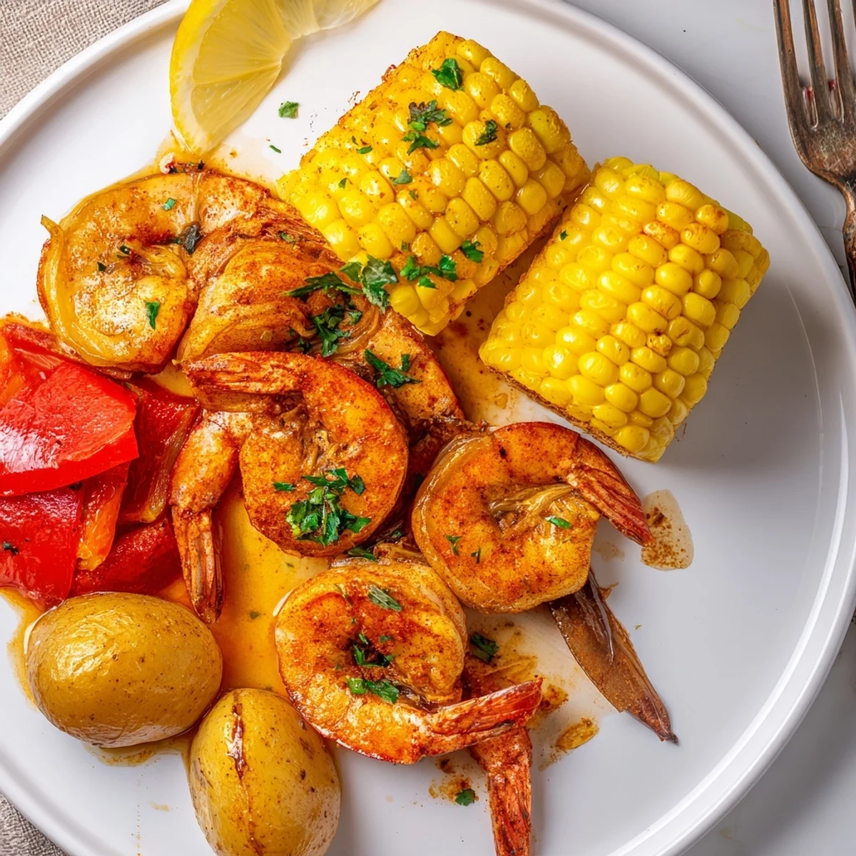Spicy Cajun shrimp & sweet corn meal garnished with fresh parsley and lemon wedges.