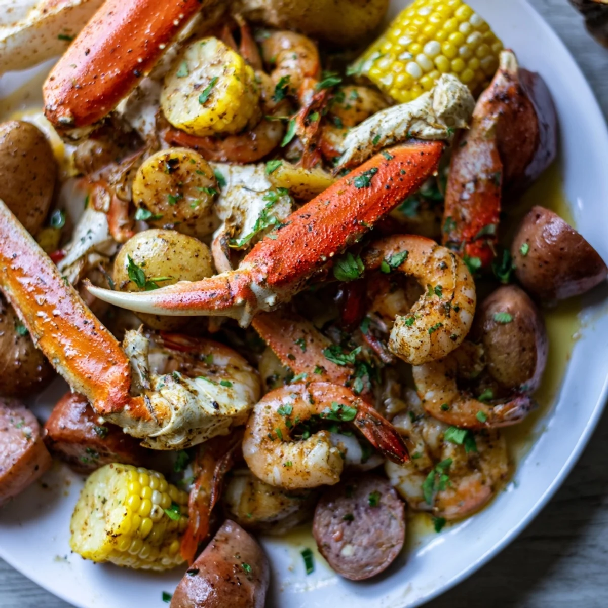 Festive seafood boil featuring juicy crab and shrimp, spiced sausage, and corn.  