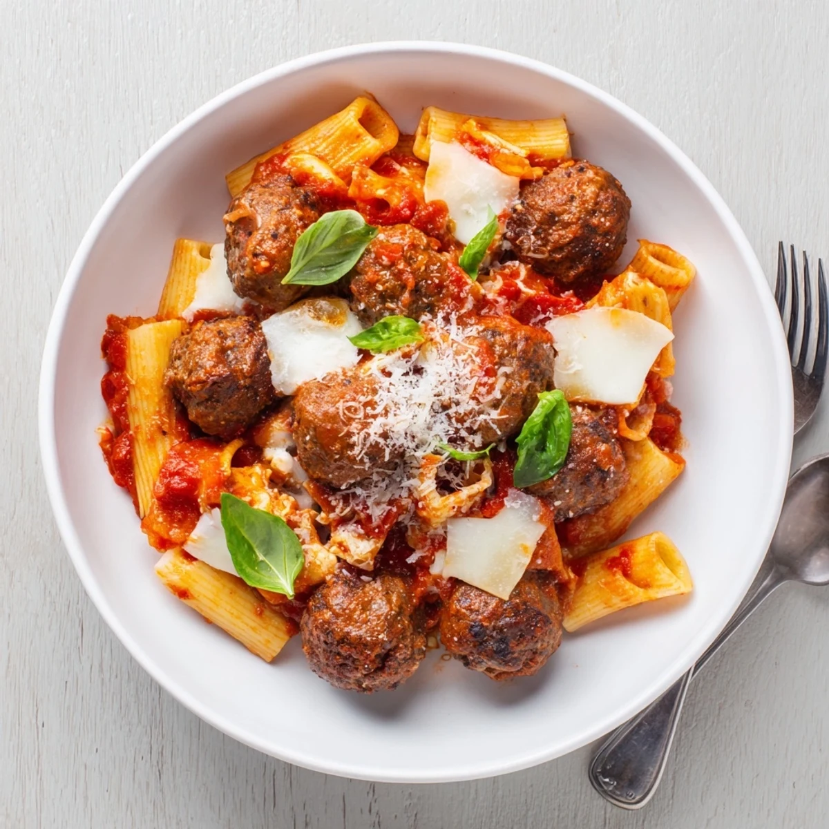 One-pan Italian Meatball Pasta Skillet garnished with fresh basil and melted mozzarella.