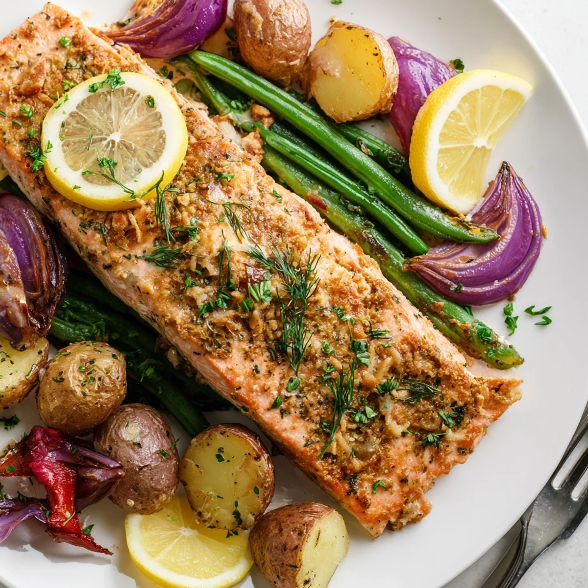 Savory Lemon Herb Salmon & Potato Sheet Pan, served with vibrant seasonal vegetables.  
