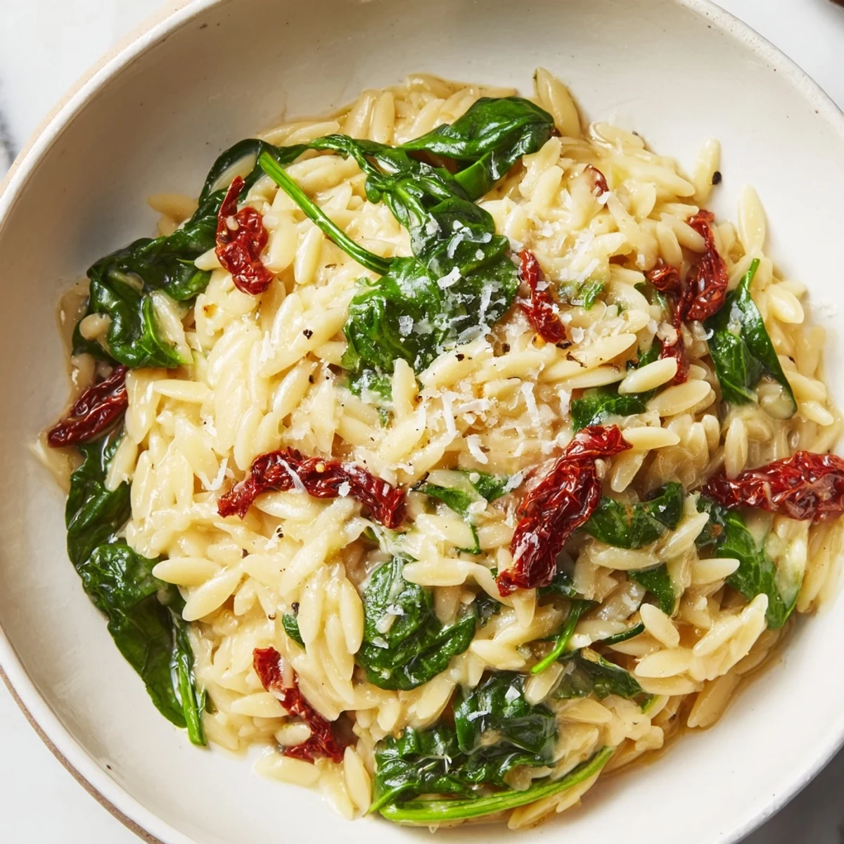 Enjoy the richness of this Creamy Tuscan Orzo Bowl: a satisfying vegetarian Italian pasta dish.
