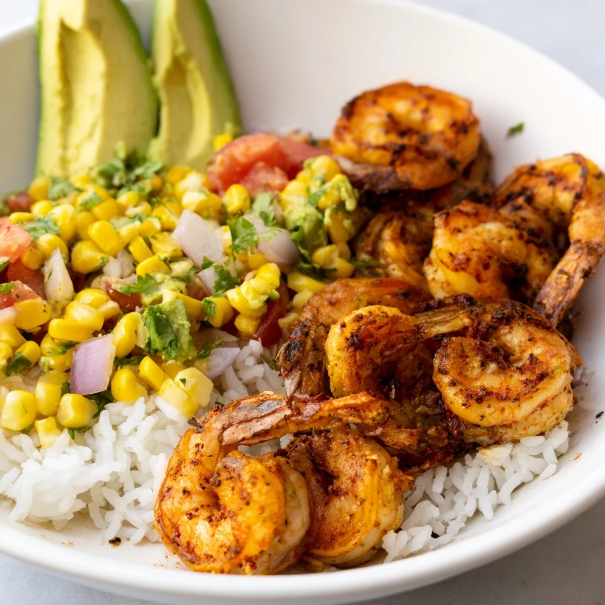 Juicy grilled shrimp nestled atop rice with vibrant avocado corn salsa in this delicious bowl.