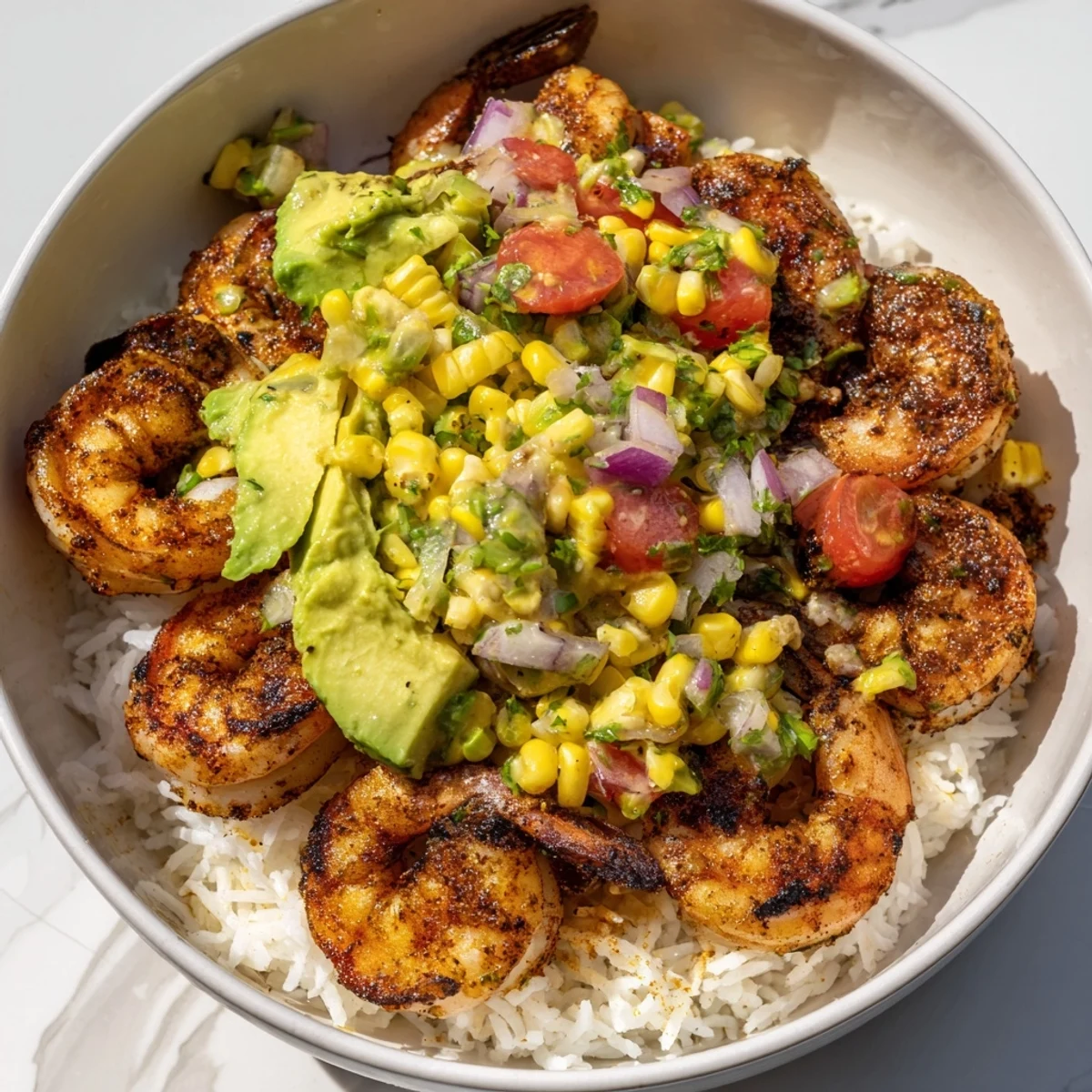 Vibrant image of a summer-ready Easy Grilled Shrimp Bowl; perfectly grilled shrimp and fresh toppings.