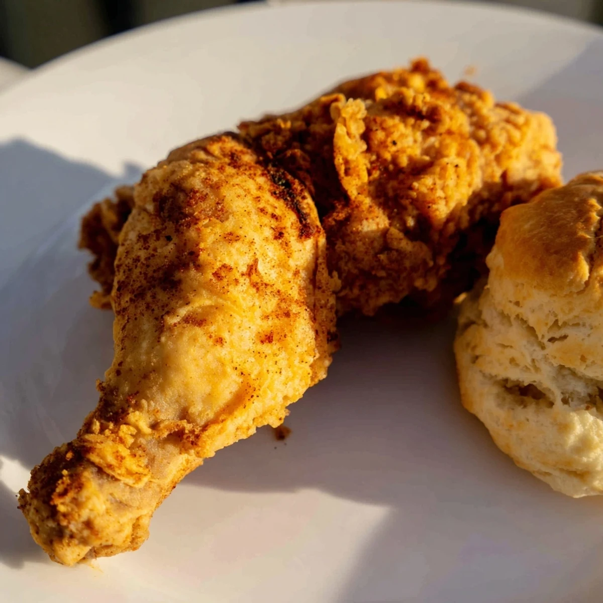 Golden-brown, crispy Southern fried chicken beside fluffy buttermilk biscuits, a comforting feast.