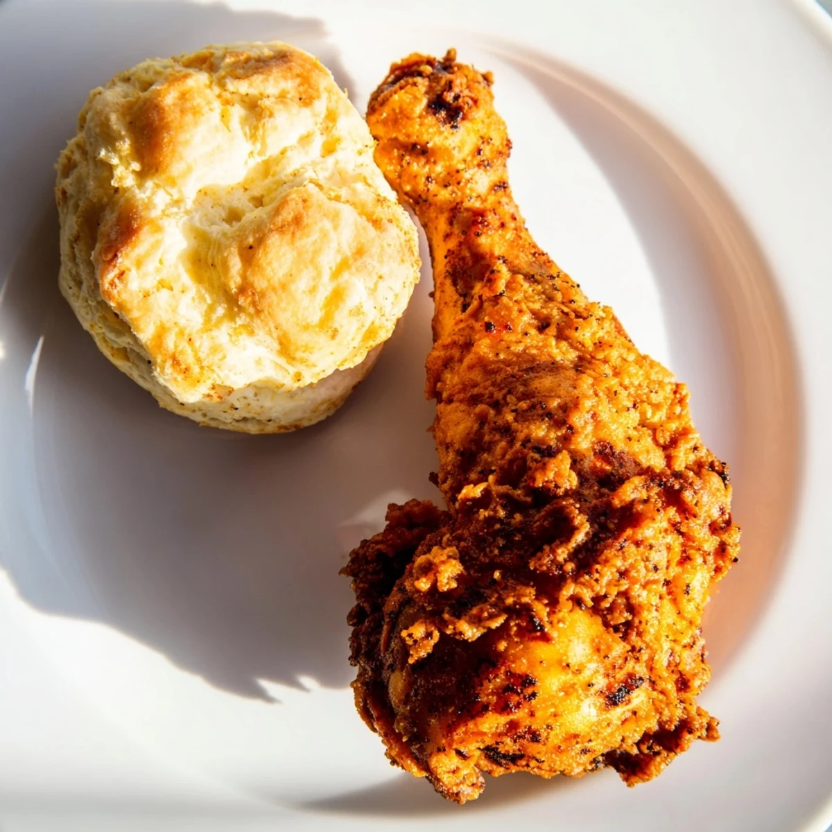Enjoy the visually stunning fried chicken and buttermilk biscuits, perfect for a cozy Southern dinner.