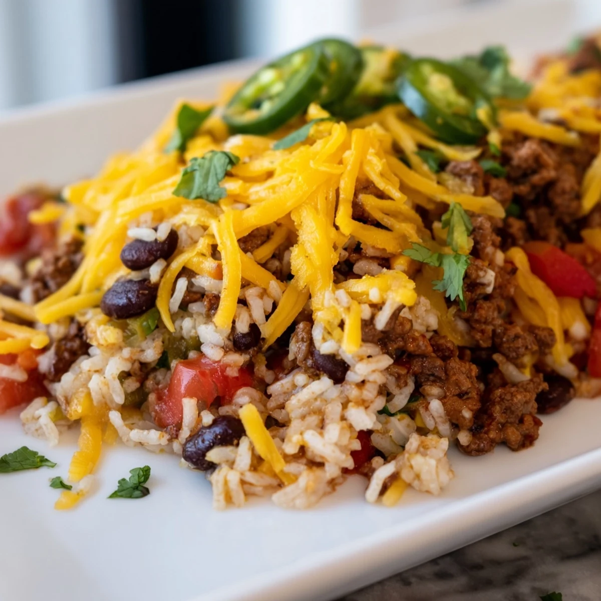 Steaming Tex-Mex Beef & Rice Casserole, a bubbly golden-brown dish with melted cheese and fresh cilantro.