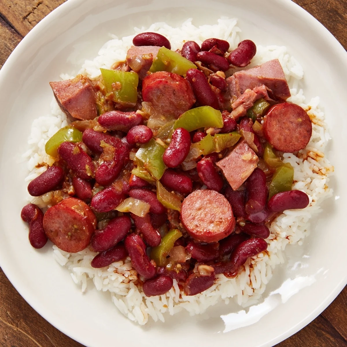 Close-up of hearty Red Beans & Rice with fluffy white rice, ready to enjoy with a vibrant green garnish.