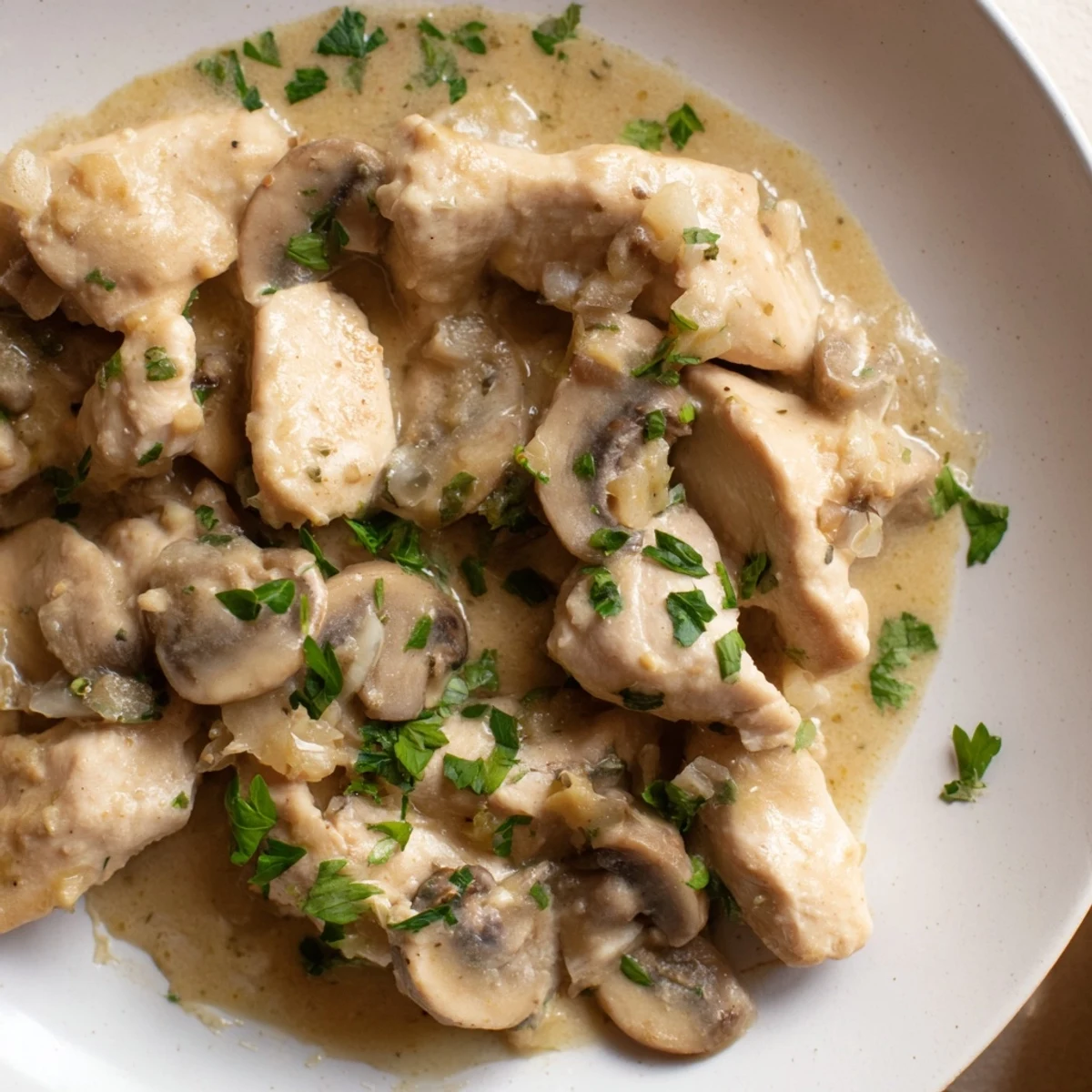 A steaming bowl of Creamy Chicken Stroganoff with fresh parsley garnish, ready to serve over fluffy noodles.
