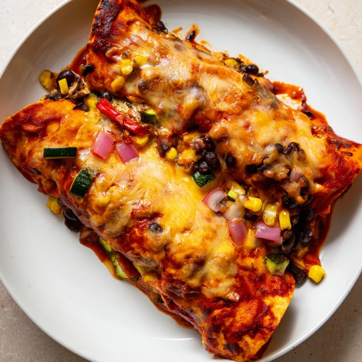 Steaming Farmers Market Vegetarian Enchiladas, filled with colorful veggies and melted cheese, ready to enjoy.