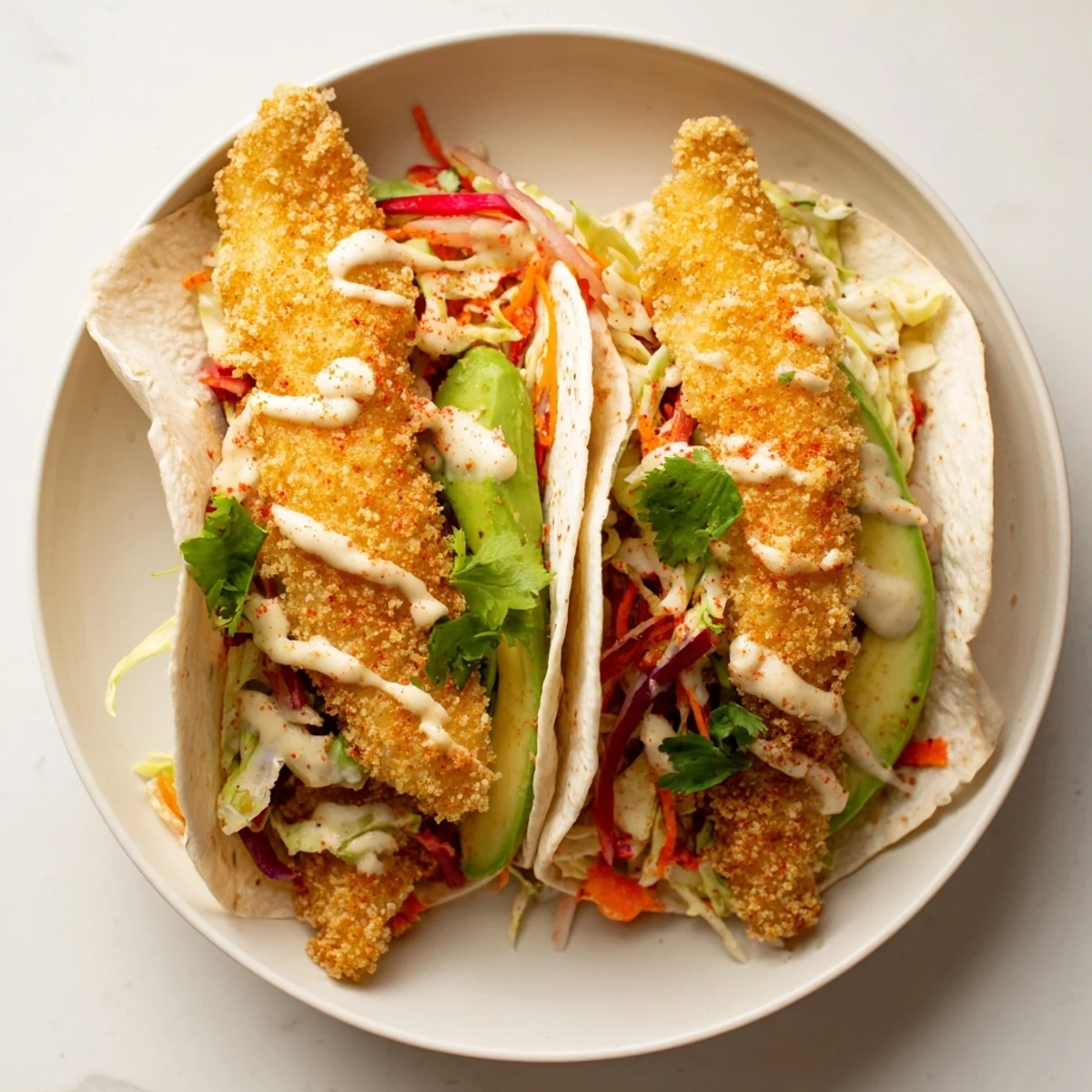Golden, crispy fish tacos topped with cool, crunchy slaw and creamy sauce, a vibrant meal.