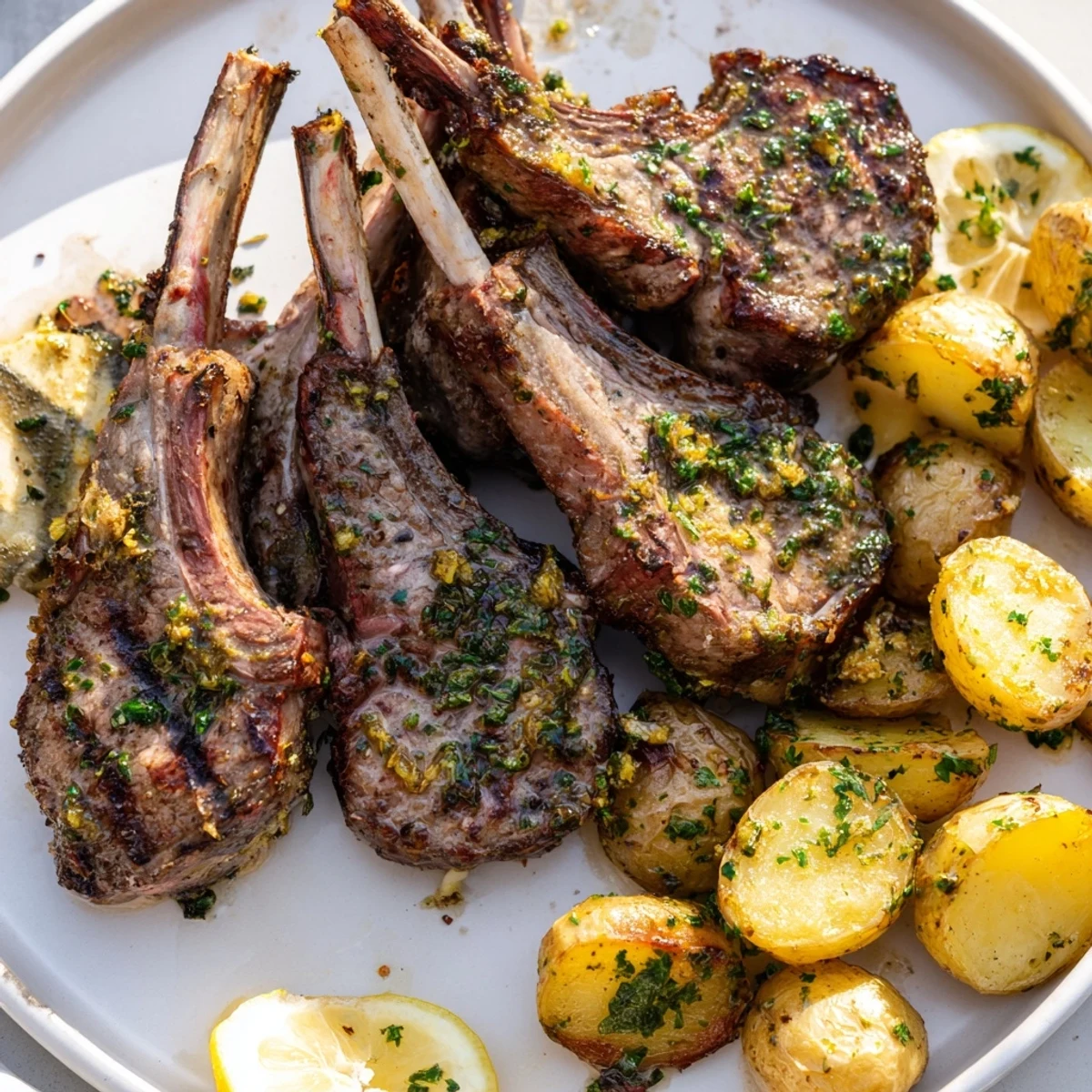 Juicy, seared herbed lamb chops glistening on a plate, alongside perfectly crisp roasted potatoes.