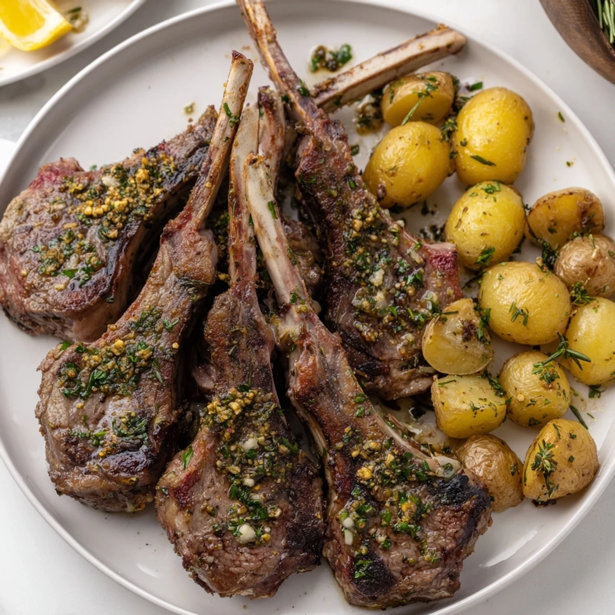 Close-up of succulent herbed lamb chops and potatoes, seasoned and ready for your delicious meal.