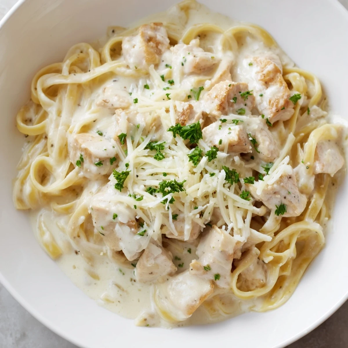 Golden, bubbly Chicken Fettuccine Alfredo Bake with melted cheese, promising a comforting, cheesy casserole.