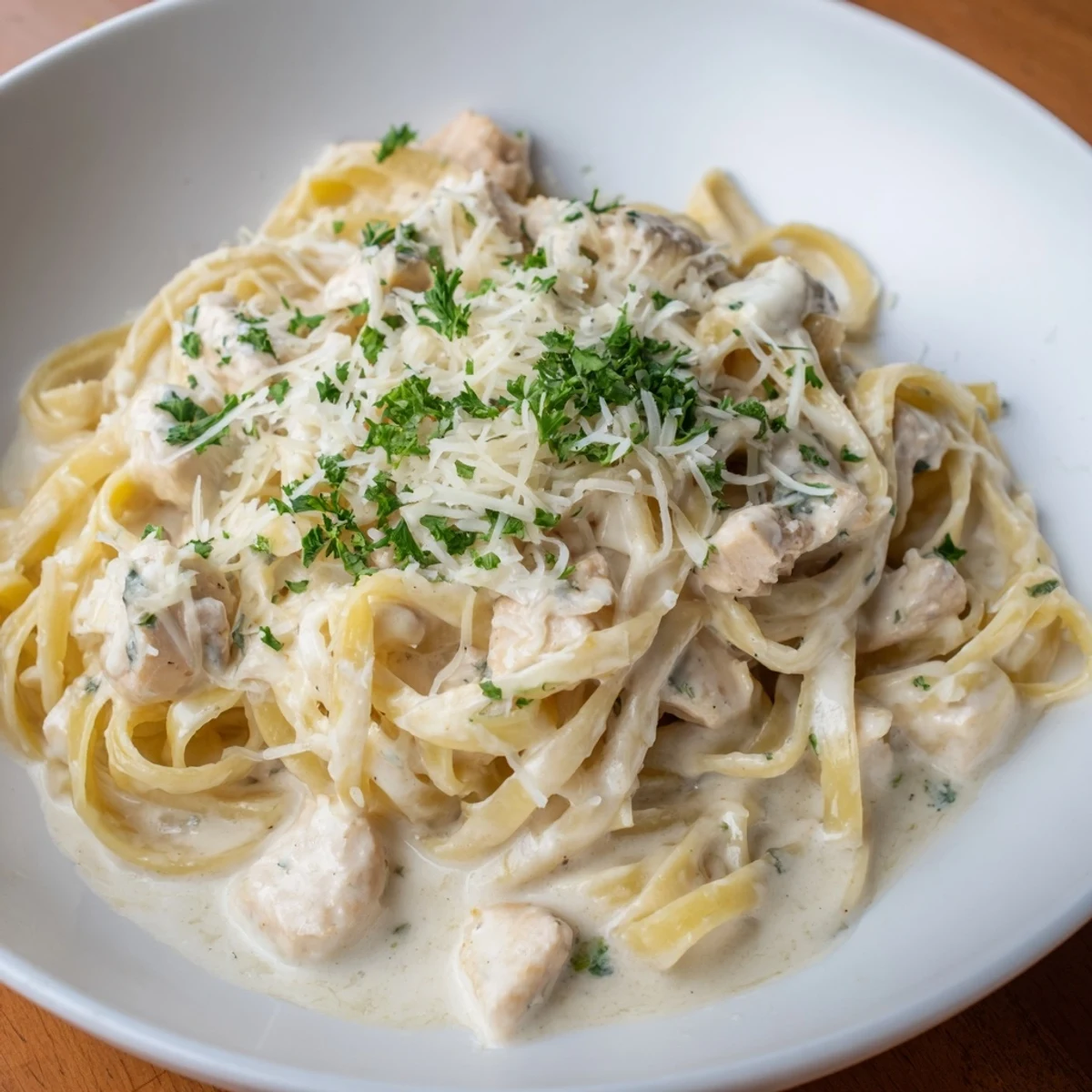 Steaming hot Chicken Fettuccine Alfredo Bake with perfectly cooked pasta and a rich, creamy sauce ready to serve.