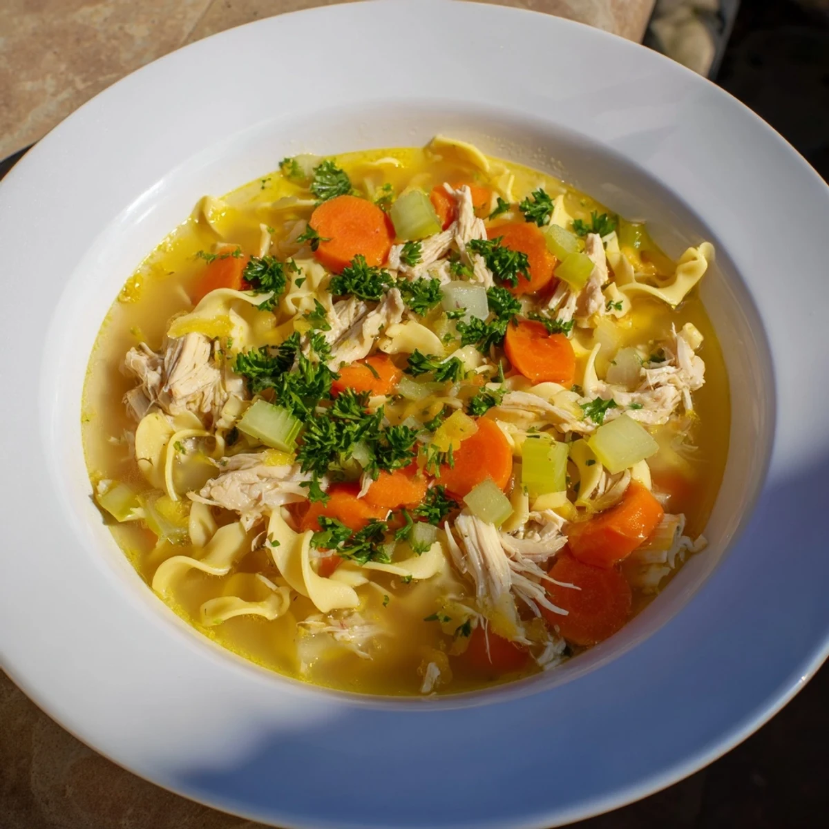 Homemade chicken noodle soup steaming in a bowl, showcasing tender chicken and vegetables.