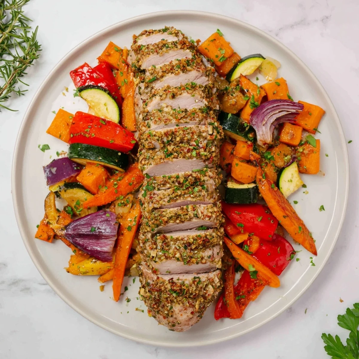 Tender roasted garlic pork tenderloin, nestled amid vibrant, caramelized vegetables for a delicious meal.