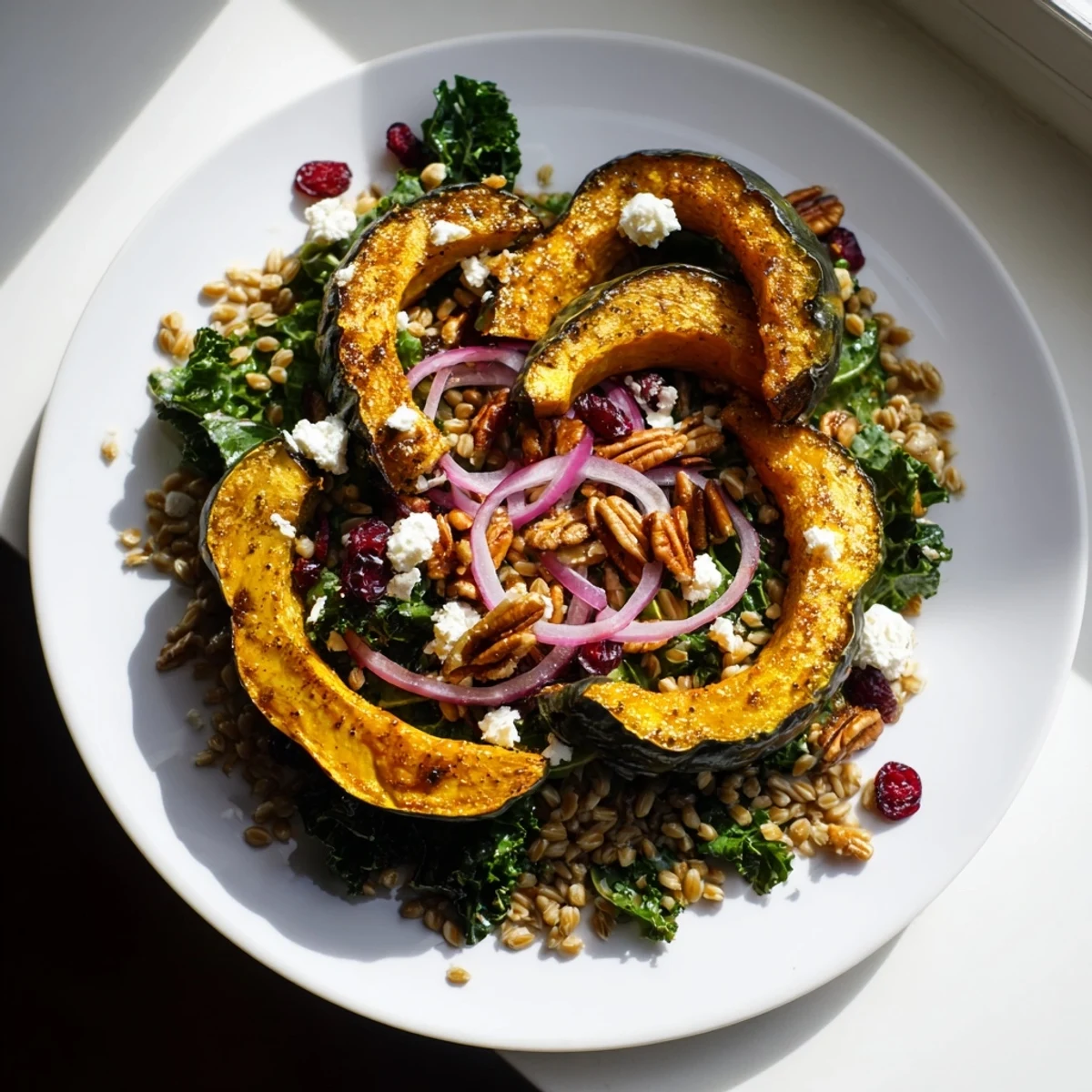 This healthy farro & mustard green salad features vibrant greens, roasted squash, and a tangy dressing.