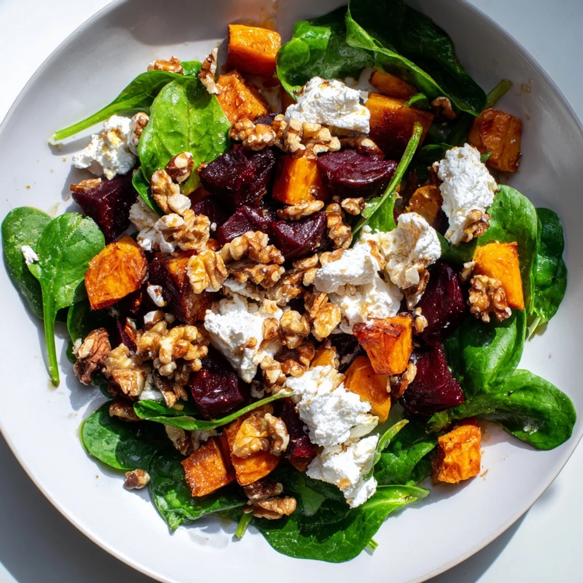 Warm, tender Roasted Beet, Butternut & Spinach Salad: a vegetarian delight with tangy dressing.