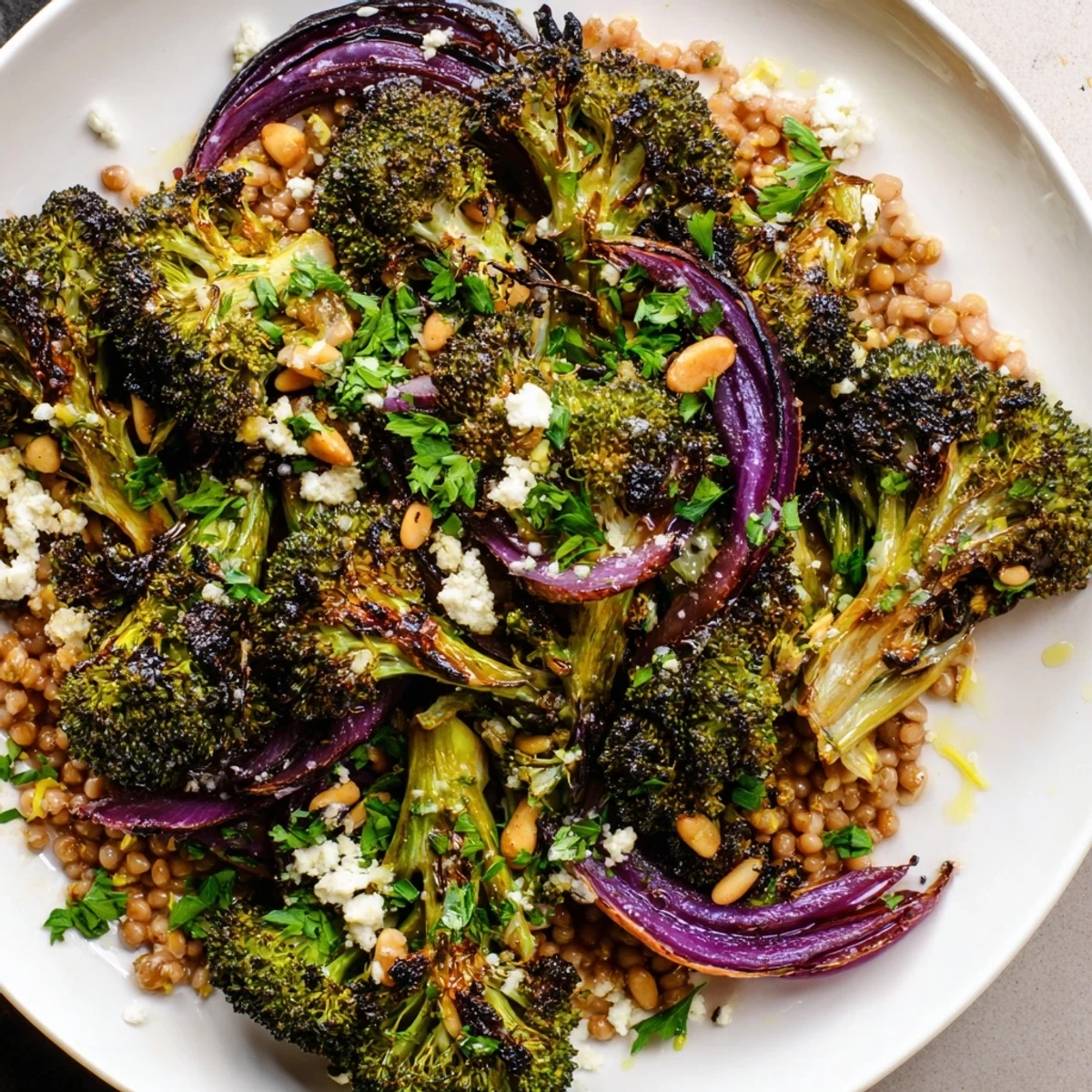 Vibrant photo of Warm Roasted Broccoli with Garlic-Lemon layered atop a nutty, fluffy farro bed.