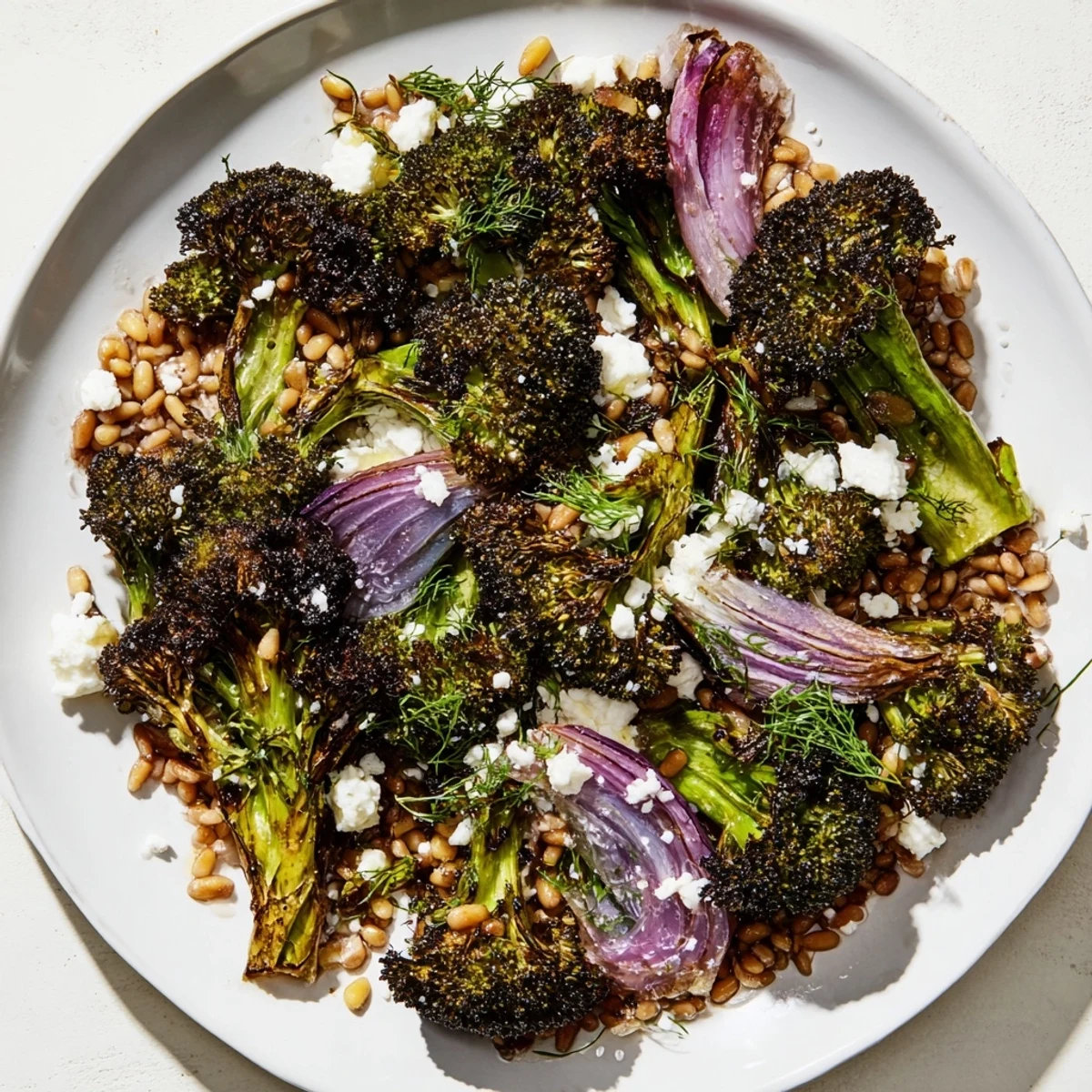 A delicious bowl of healthy Warm Roasted Broccoli with garlic, served warm over farro and herbs.