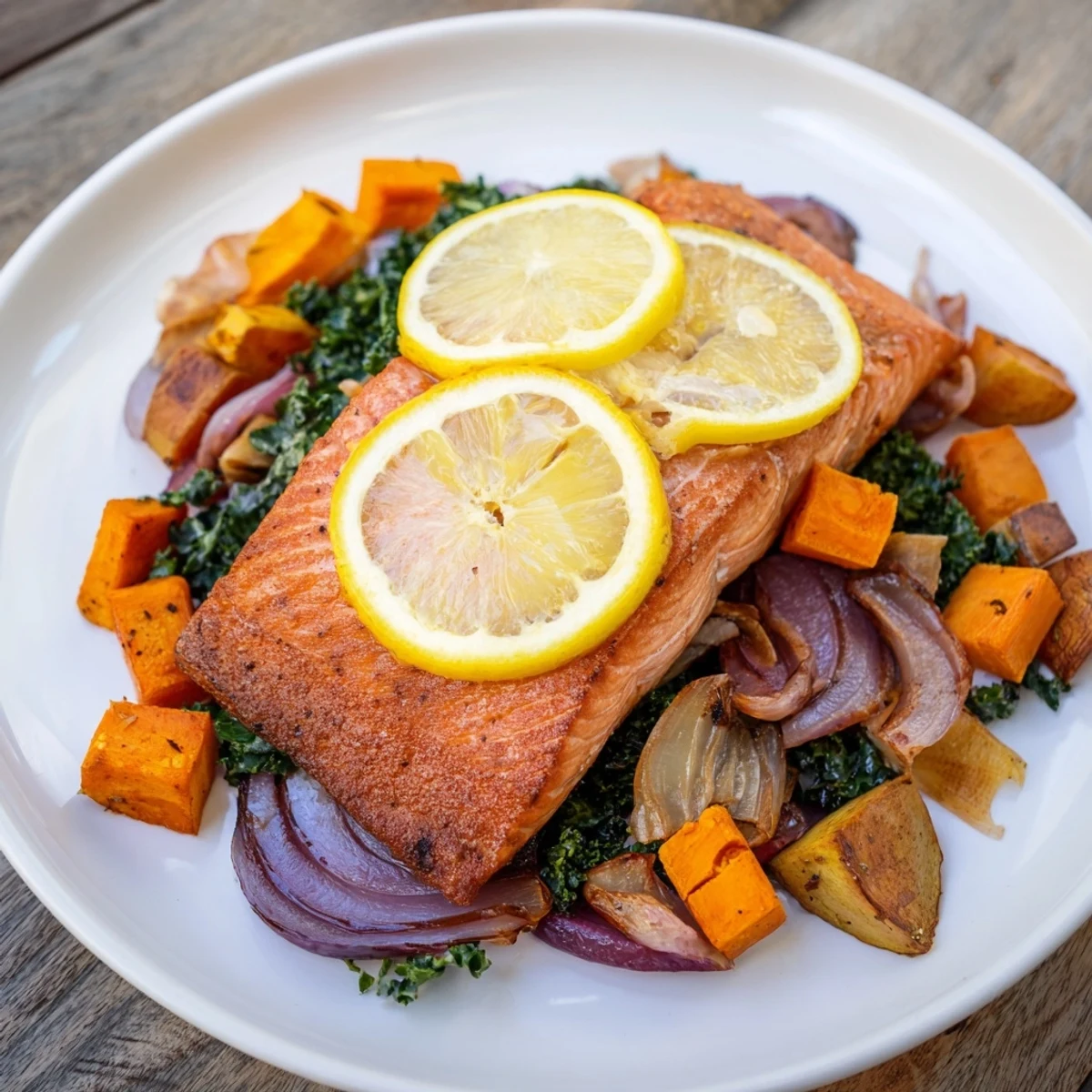 Golden-brown sheet-pan salmon with roasted winter vegetables, a flavorful and healthy meal.