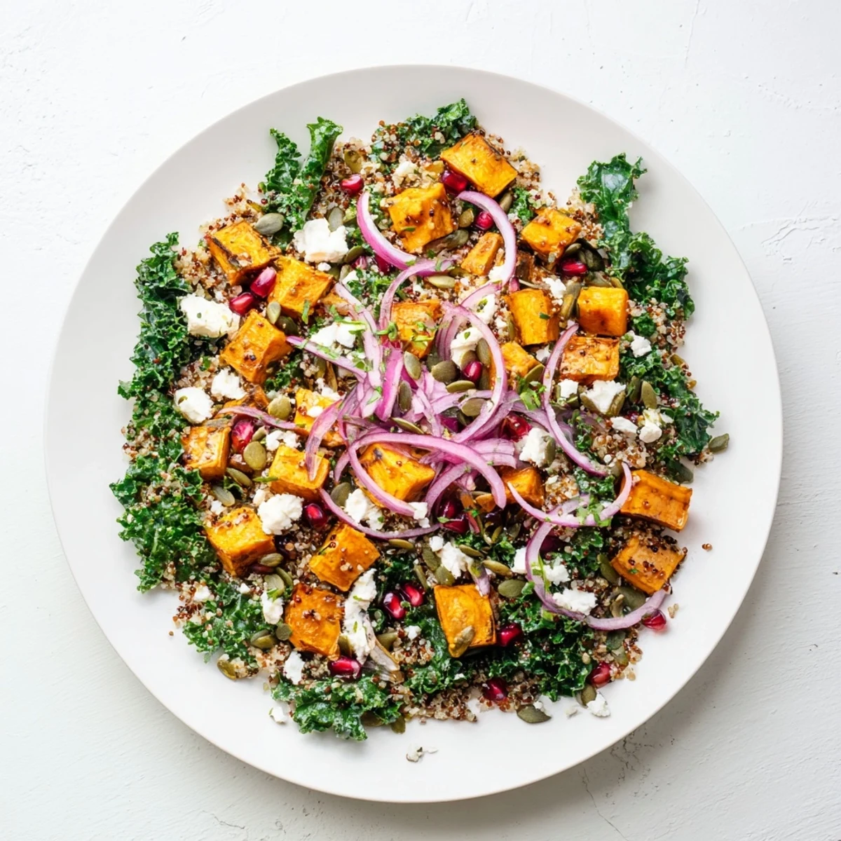 A colorful bowl of Kale & Quinoa Salad with roasted sweet potato, ready to be enjoyed.