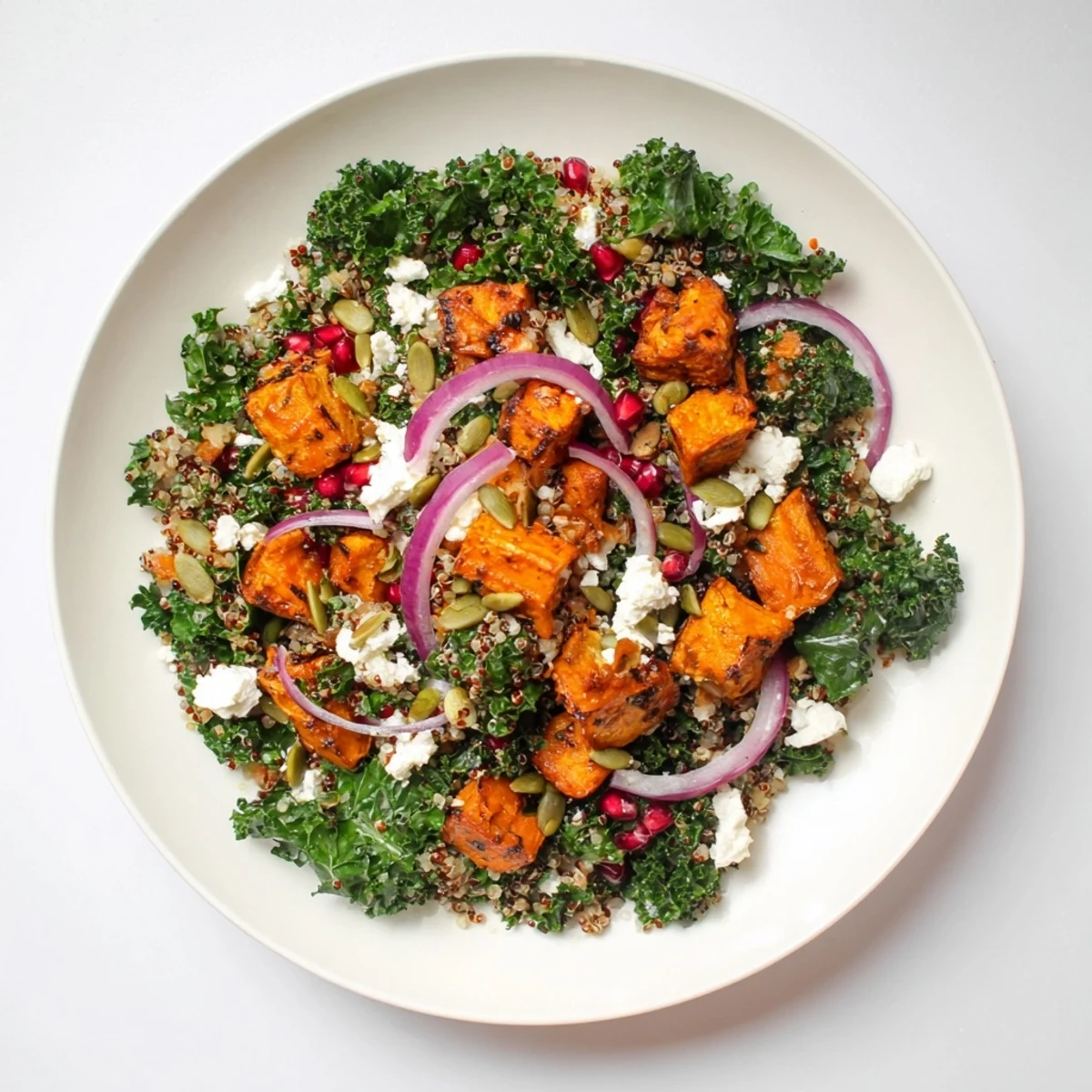Freshly tossed Kale & Quinoa Salad featuring sweet potato, dressed in zesty lemon, ready to eat.