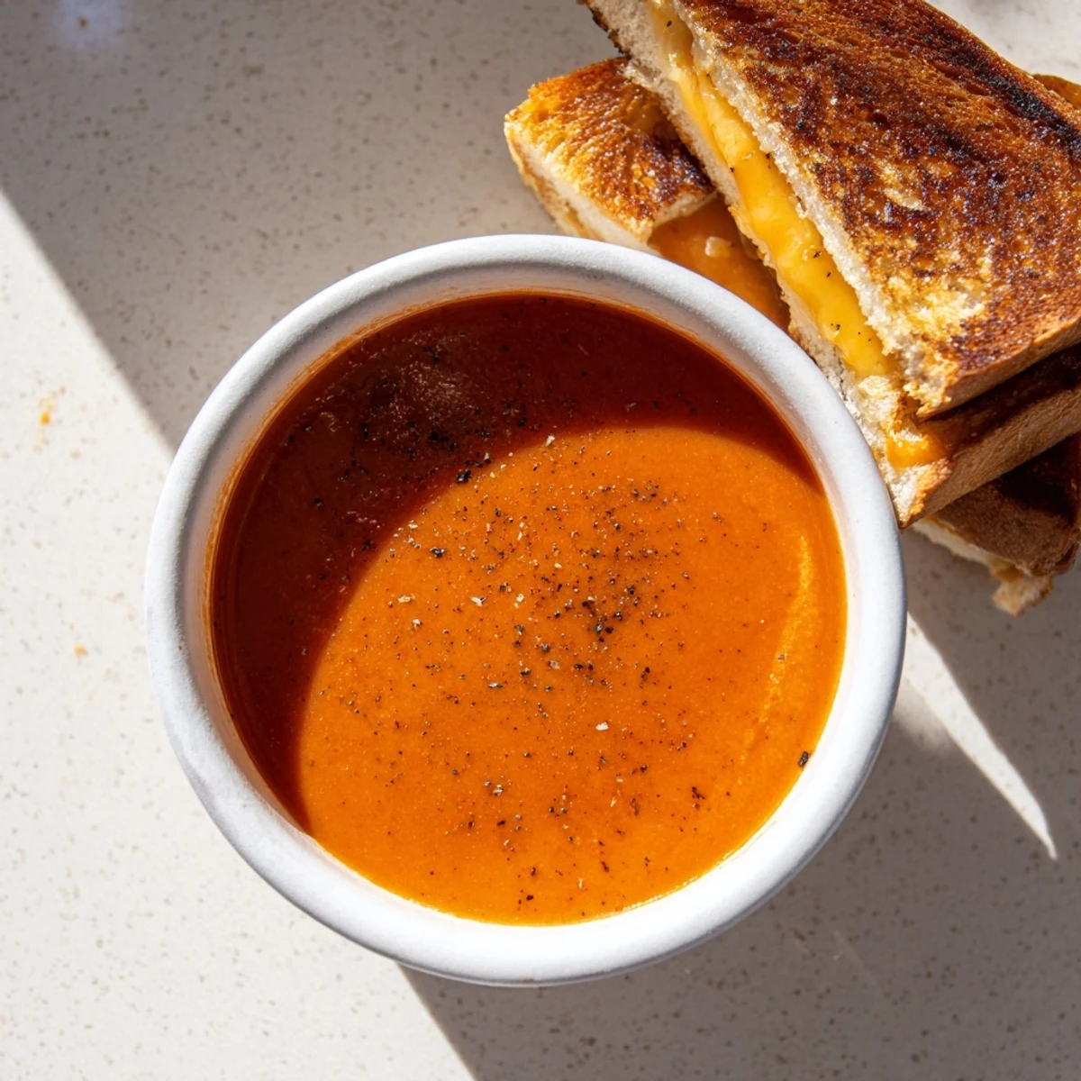 Enjoy the comforting sight of this 5-Ingredient Tomato Soup paired with buttery, toasty grilled cheese.