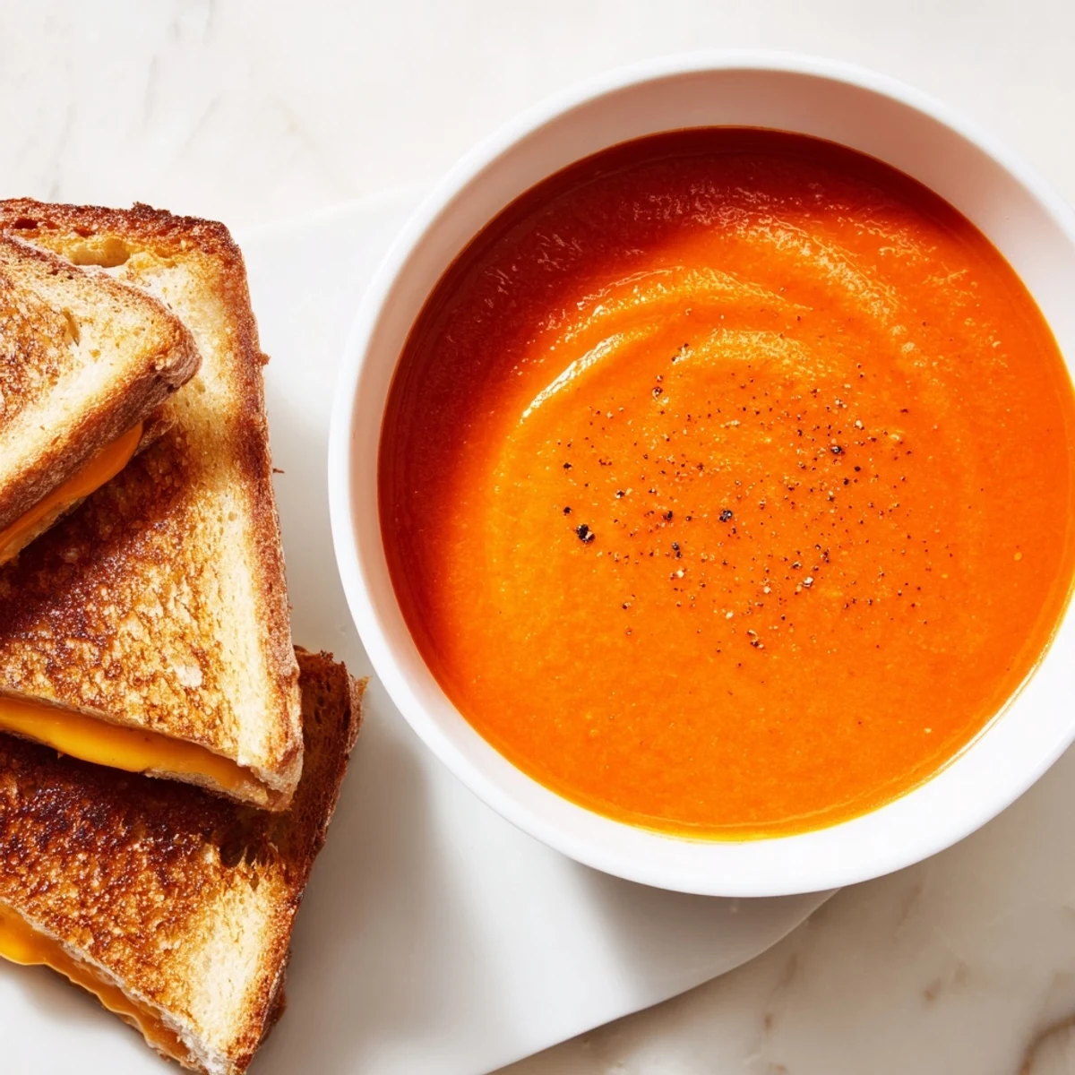 Rich, red 5-Ingredient Tomato Soup with the perfect cheese pull from a side of grilled cheese.