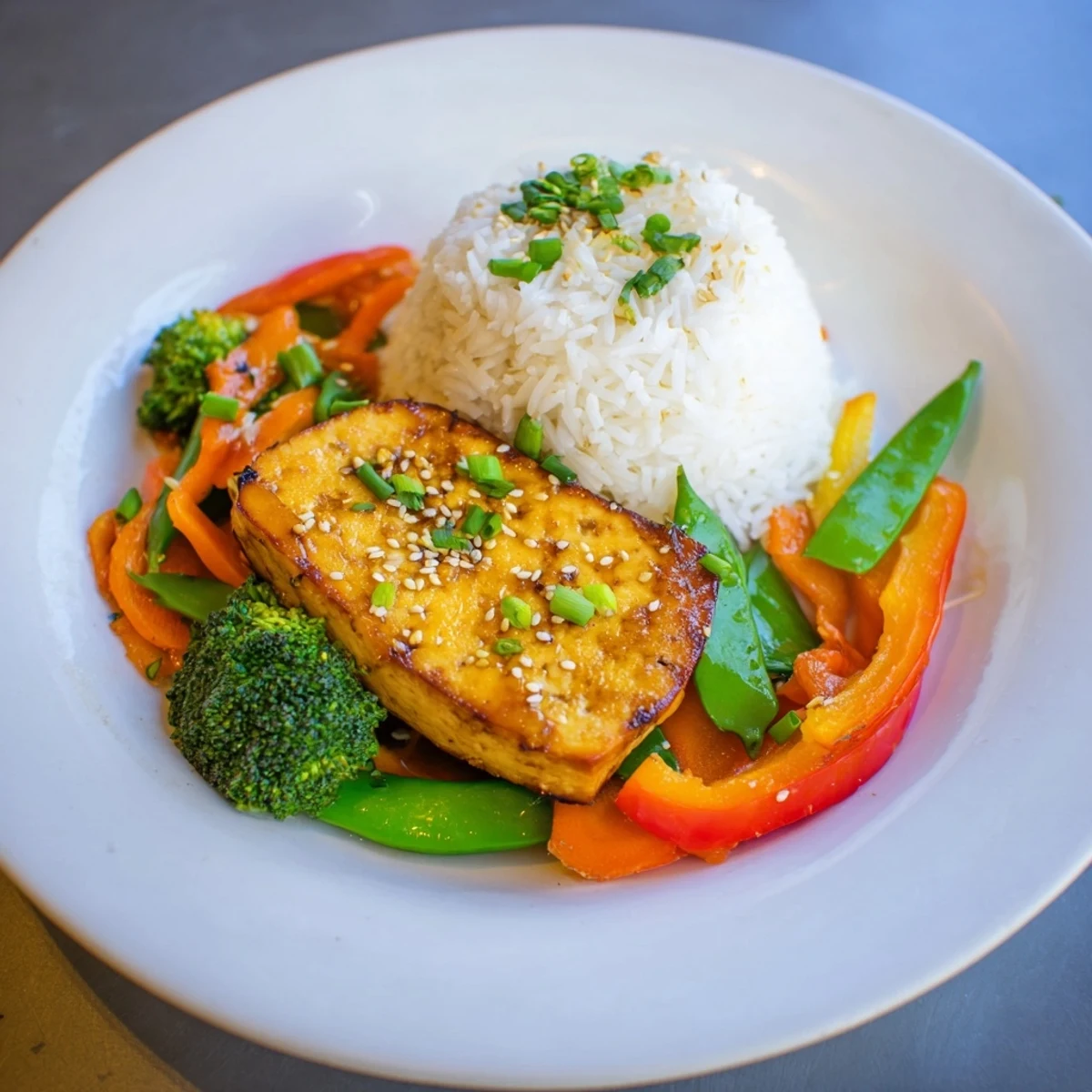 Golden, crispy pressed tofu steaks with colorful stir-fried vegetables and fluffy rice.