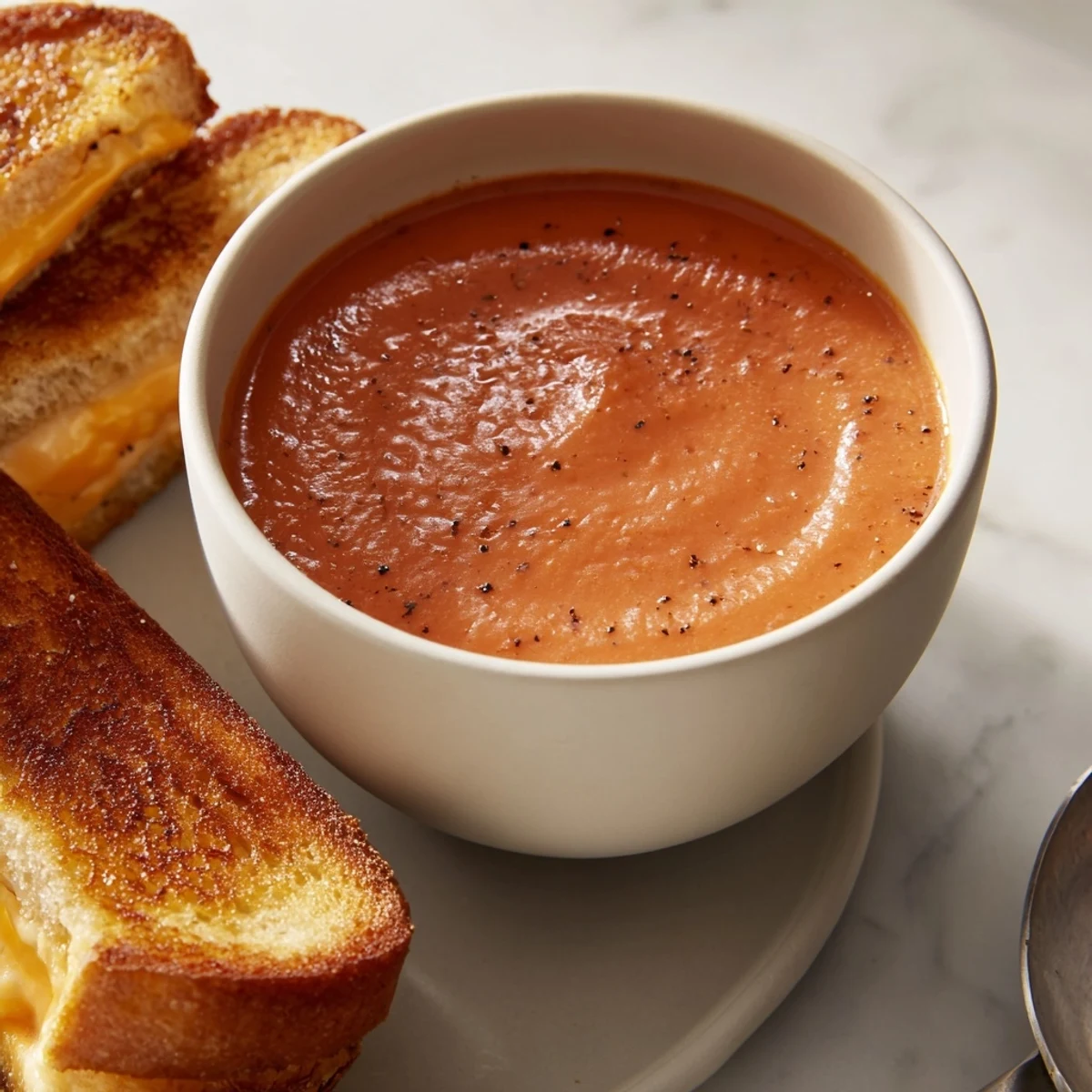 Steaming bowl of 5-Ingredient Tomato Soup beside golden, cheesy grilled cheese for dunking.