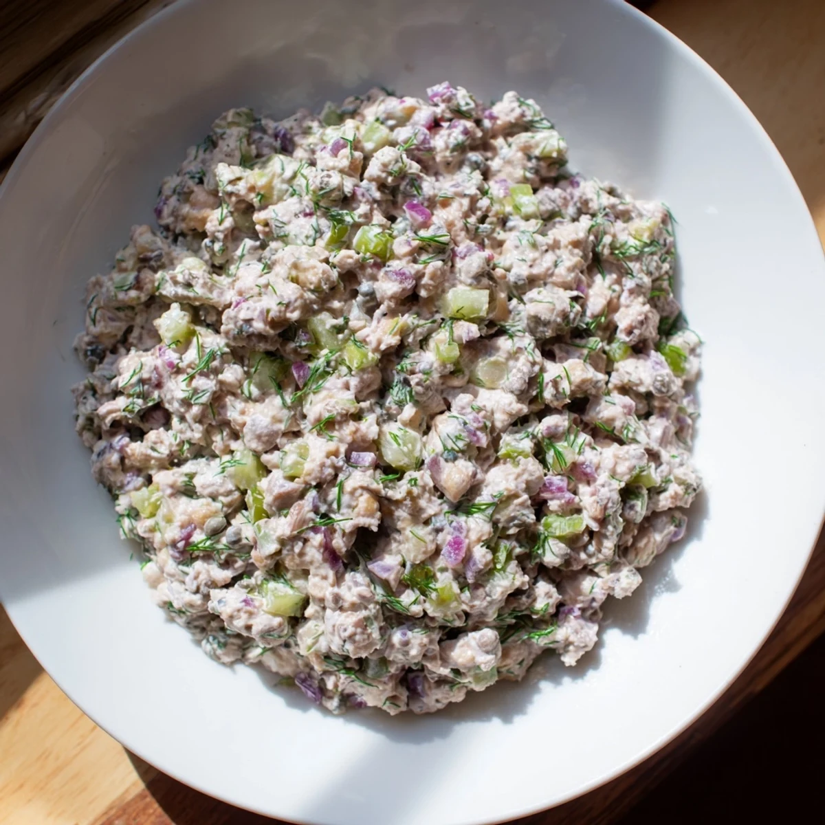 Freshly made Chickpea Tuna Salad, featuring crunchy celery and a flavorful vegan mayonnaise dressing.