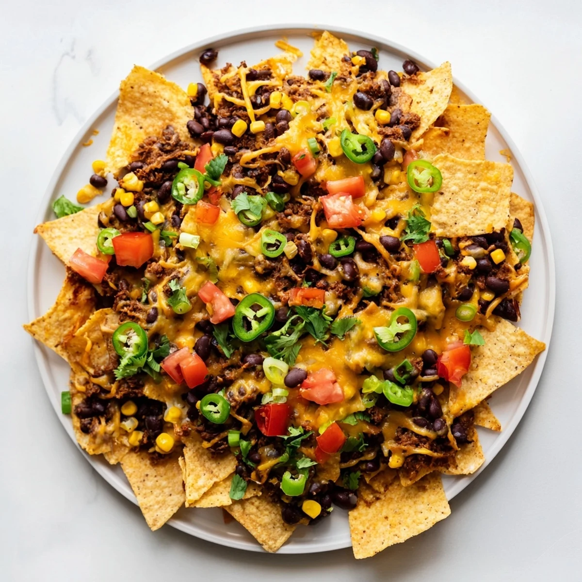 A delicious sheet-pan nachos dish, beautifully topped with cilantro and ready for dipping in sour cream and salsa.