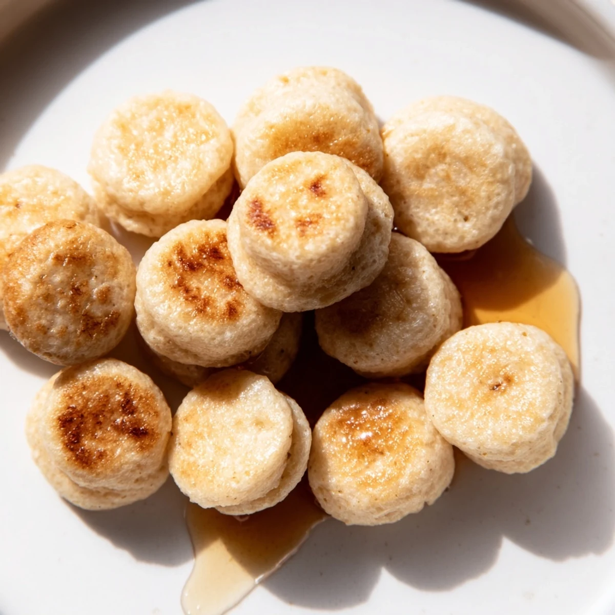 A delightful close-up of pancake cereal, miniature pancakes ready to be enjoyed as a fun breakfast.