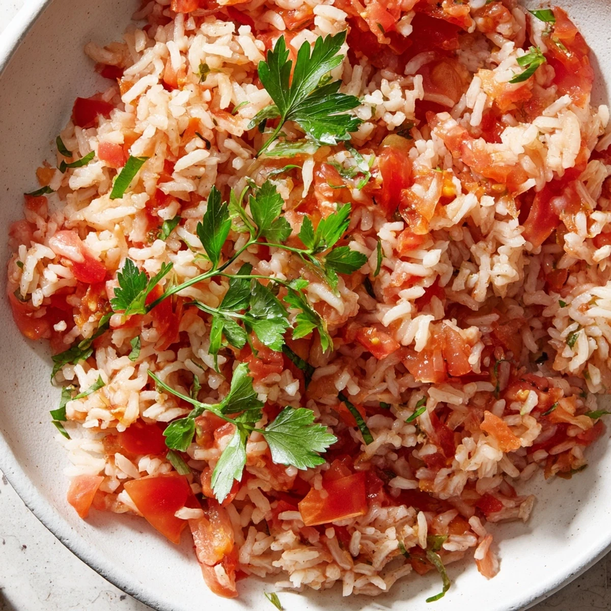 Steaming Tomato-Rice Skillet Dinner, a colorful one-pan meal, ready to serve with fresh parsley.