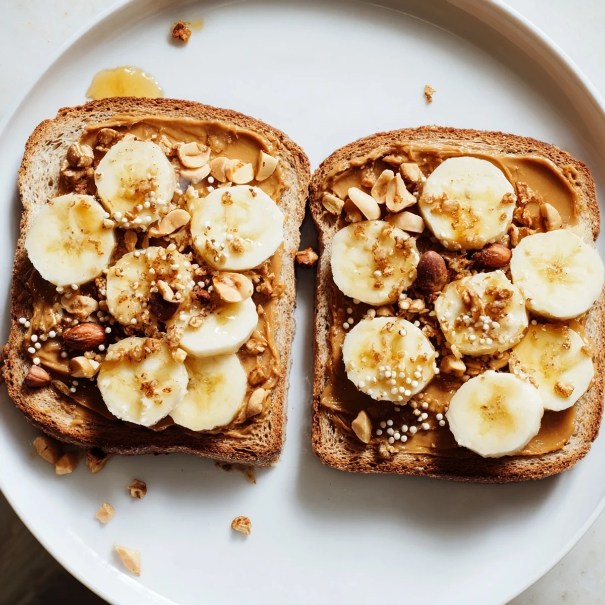 Golden, toasted peanut butter and banana sandwich, drizzled with honey, ready to eat!