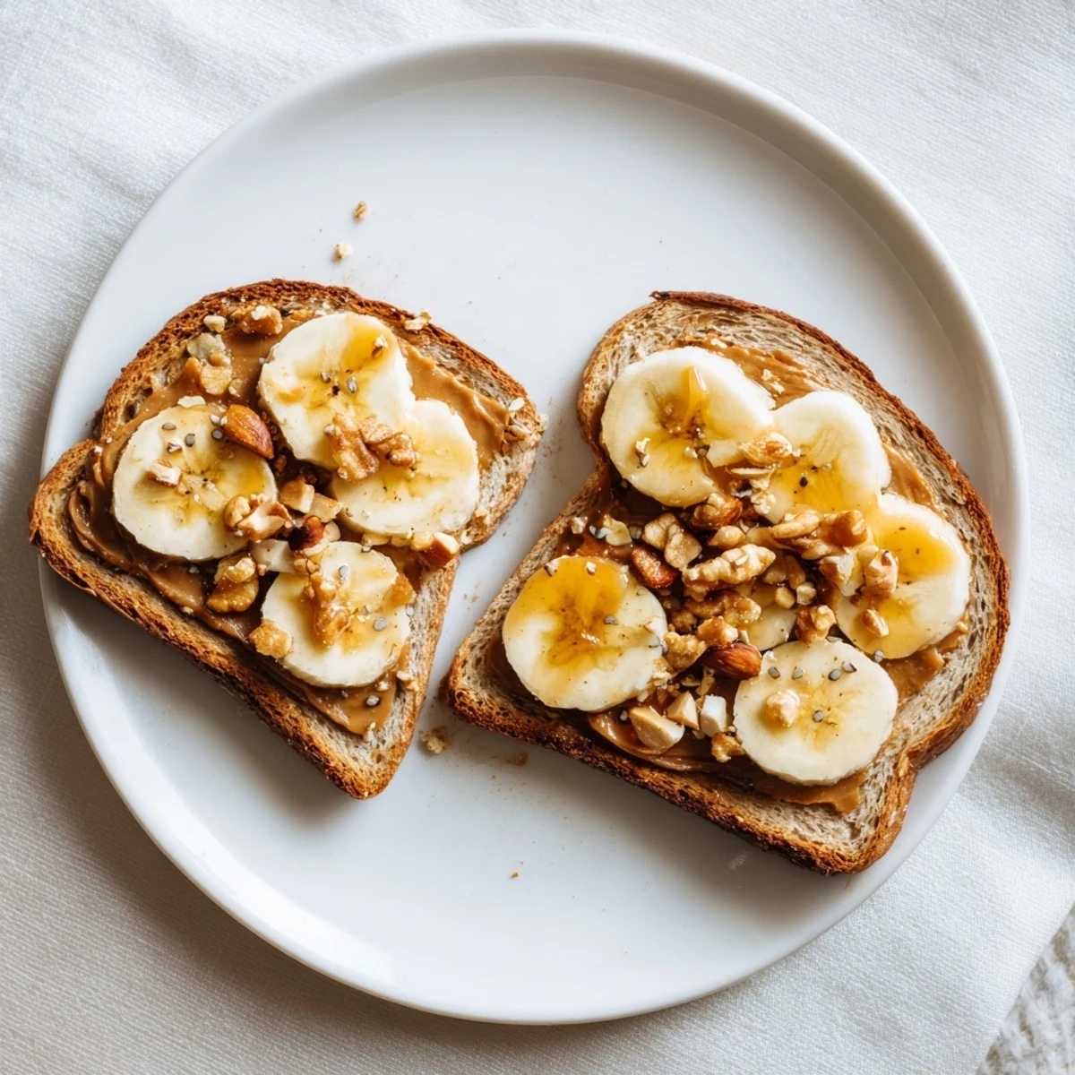 A close-up of a perfectly stacked peanut butter and banana sandwich, ideal for breakfast.