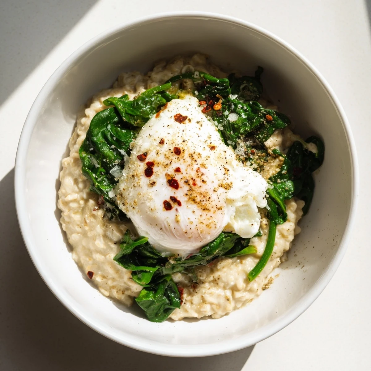 Creamy savoury oatmeal with spinach and poached egg, a beautiful, comforting breakfast bowl.
