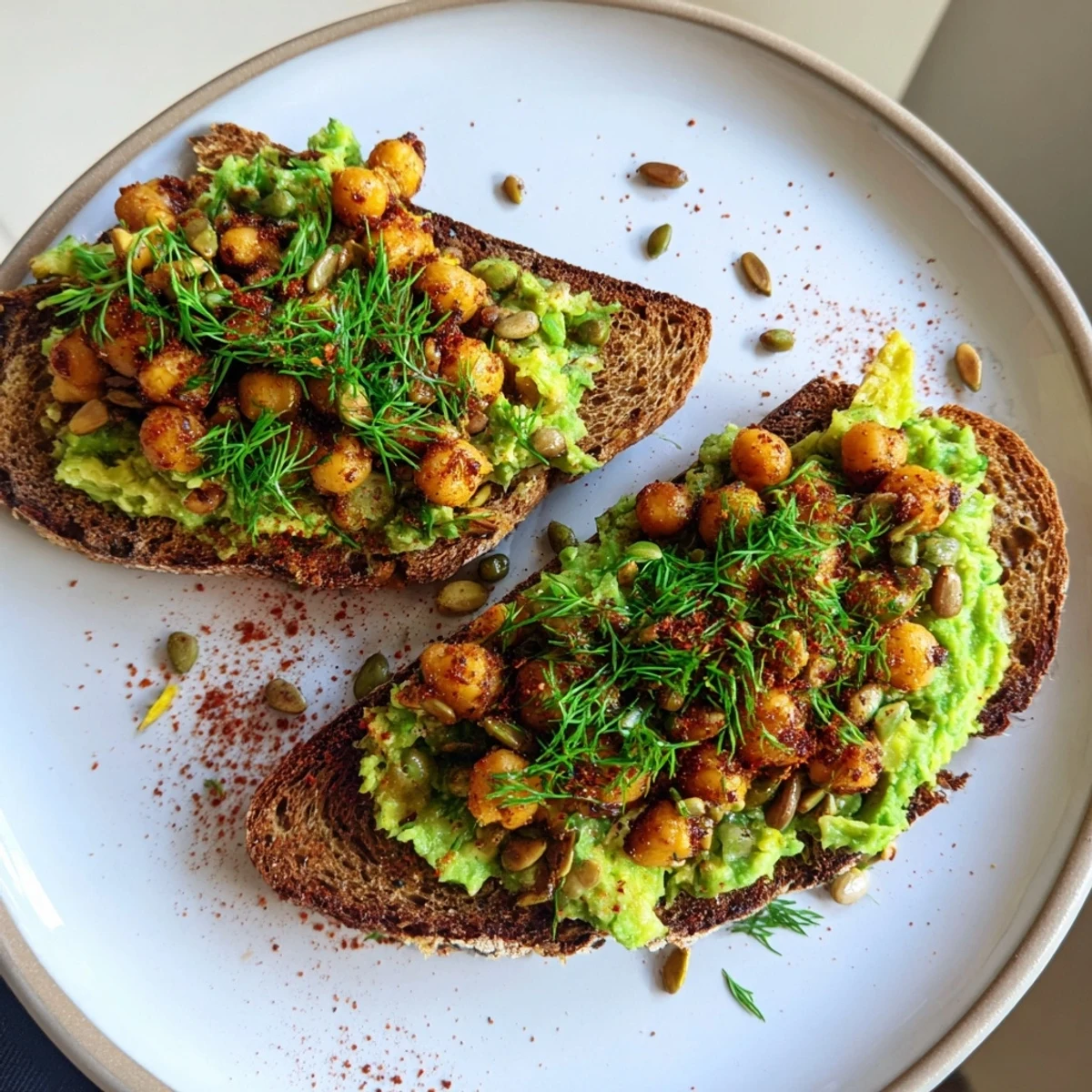 Golden toasted bread topped with avocado toast, chickpeas, and a vibrant herb medley.