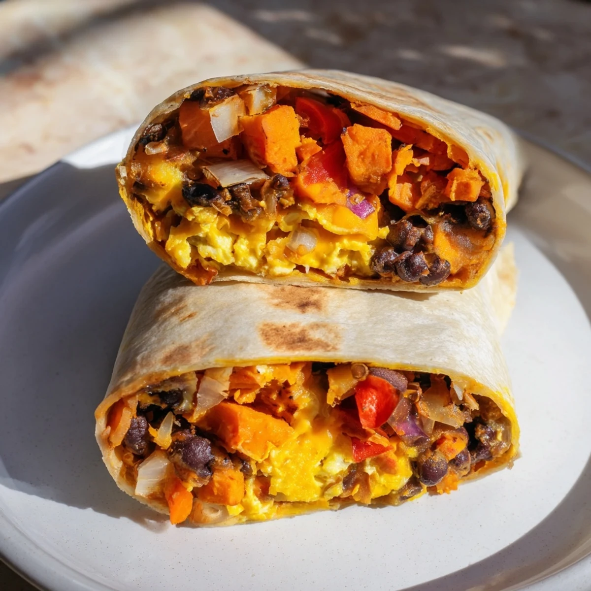 Golden roasted sweet potato and black bean breakfast burritos, a satisfying Tex-Mex breakfast ready to eat.