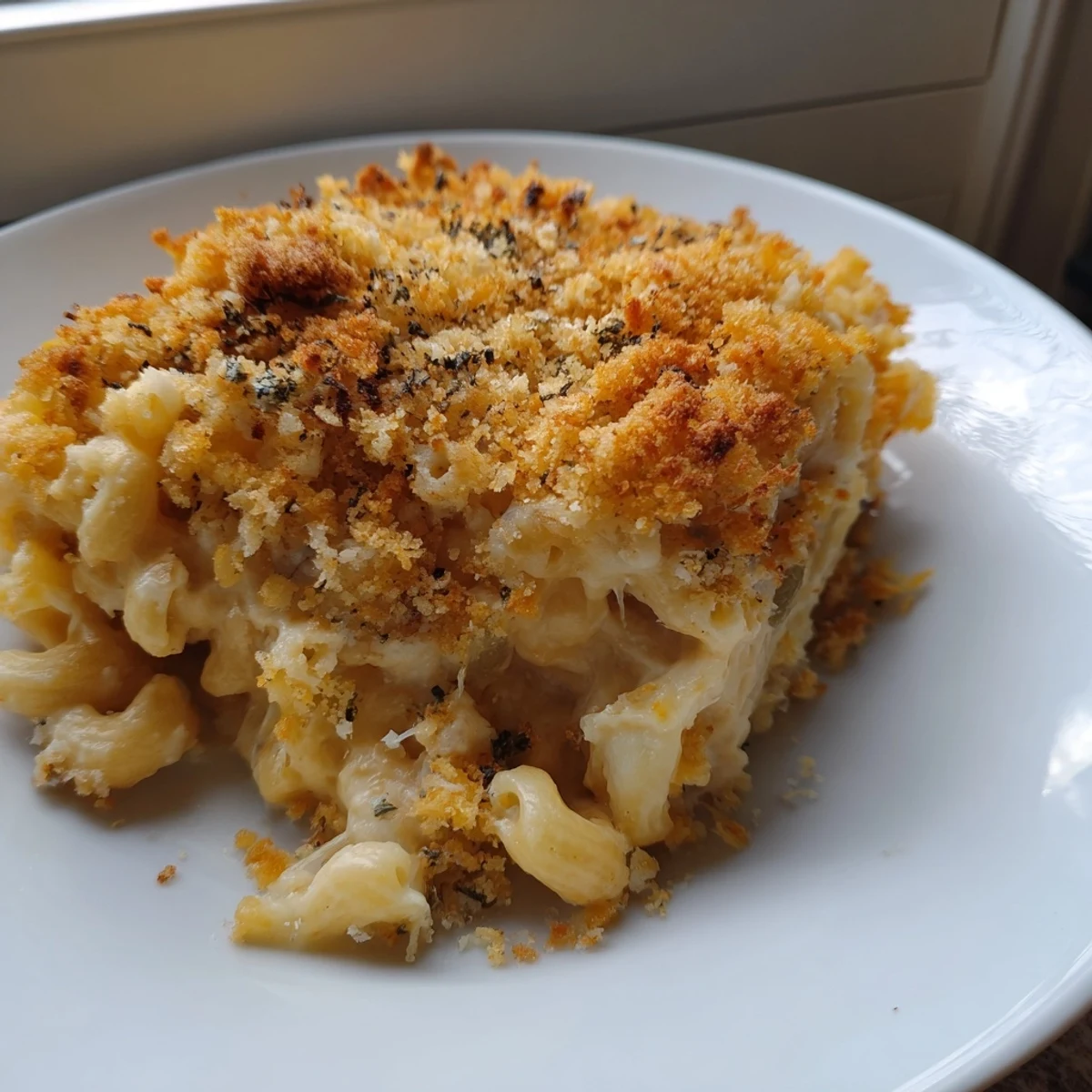 Golden-brown Baked Macaroni and Cheese, bubbling with creamy cheese and crispy, toasted topping.