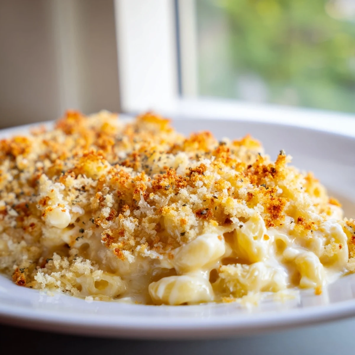 Delicious, homemade Baked Macaroni and Cheese, inviting you with its creamy, comforting texture and savory aroma.
