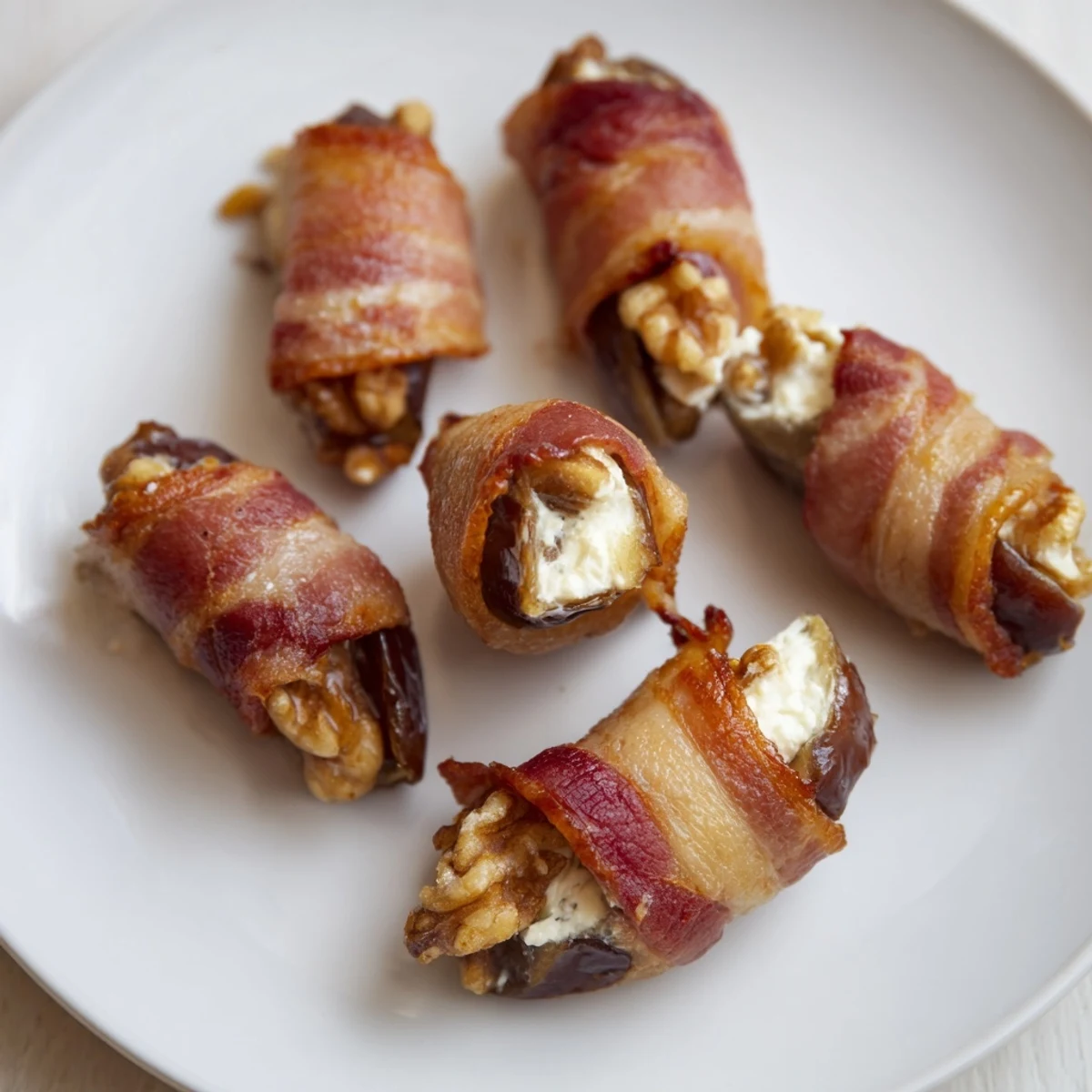 Crispy bacon wrapped dates stuffed with creamy cheese and nuts, a delightful appetizer.