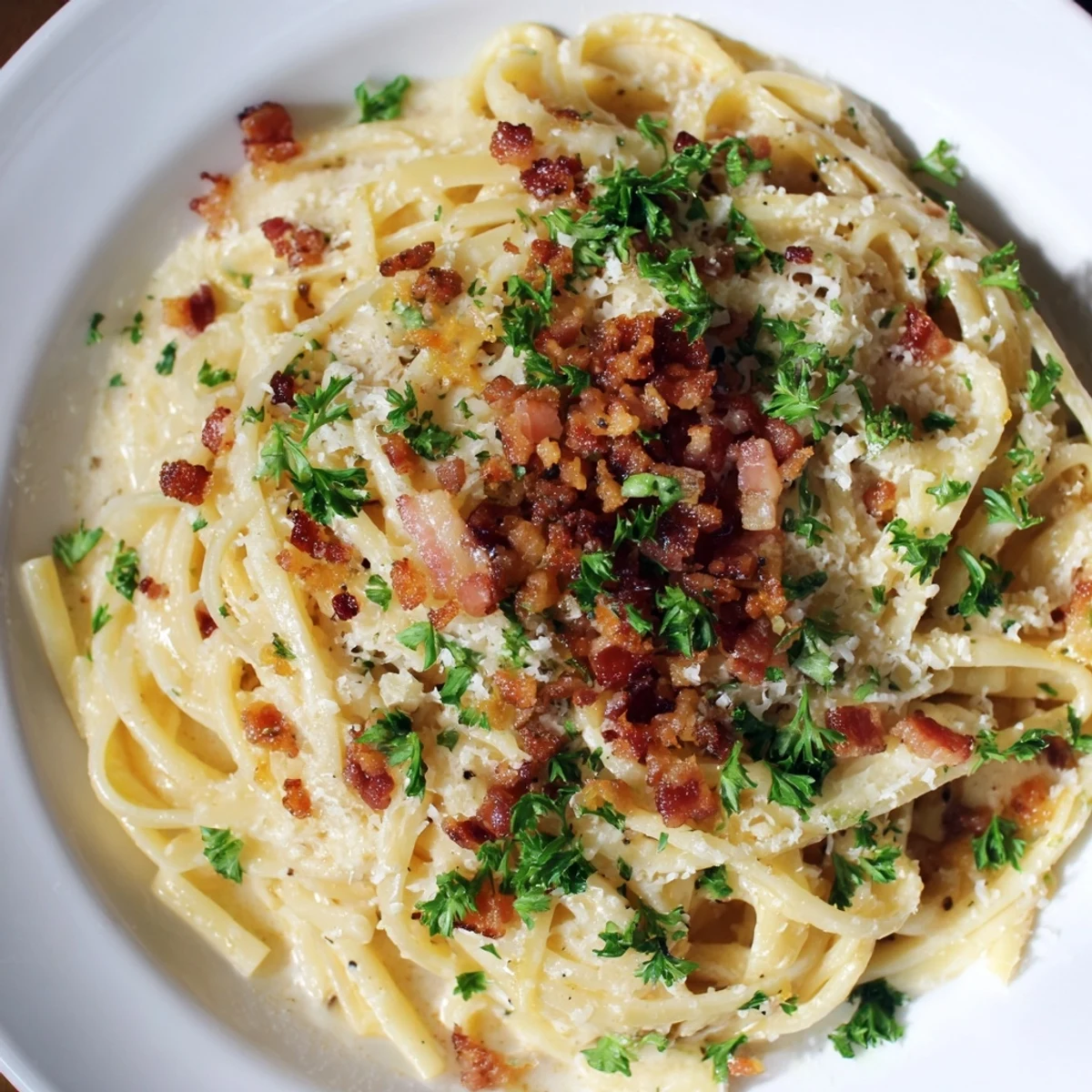 Delicious Garlic Butter Pasta, glistening with sauce and topped with crunchy bacon bits and parsley.