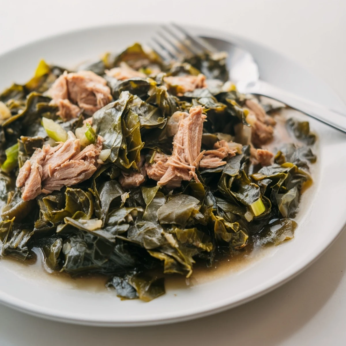 Golden-brown Southern style collard greens with smoky turkey, perfect for a comforting side.