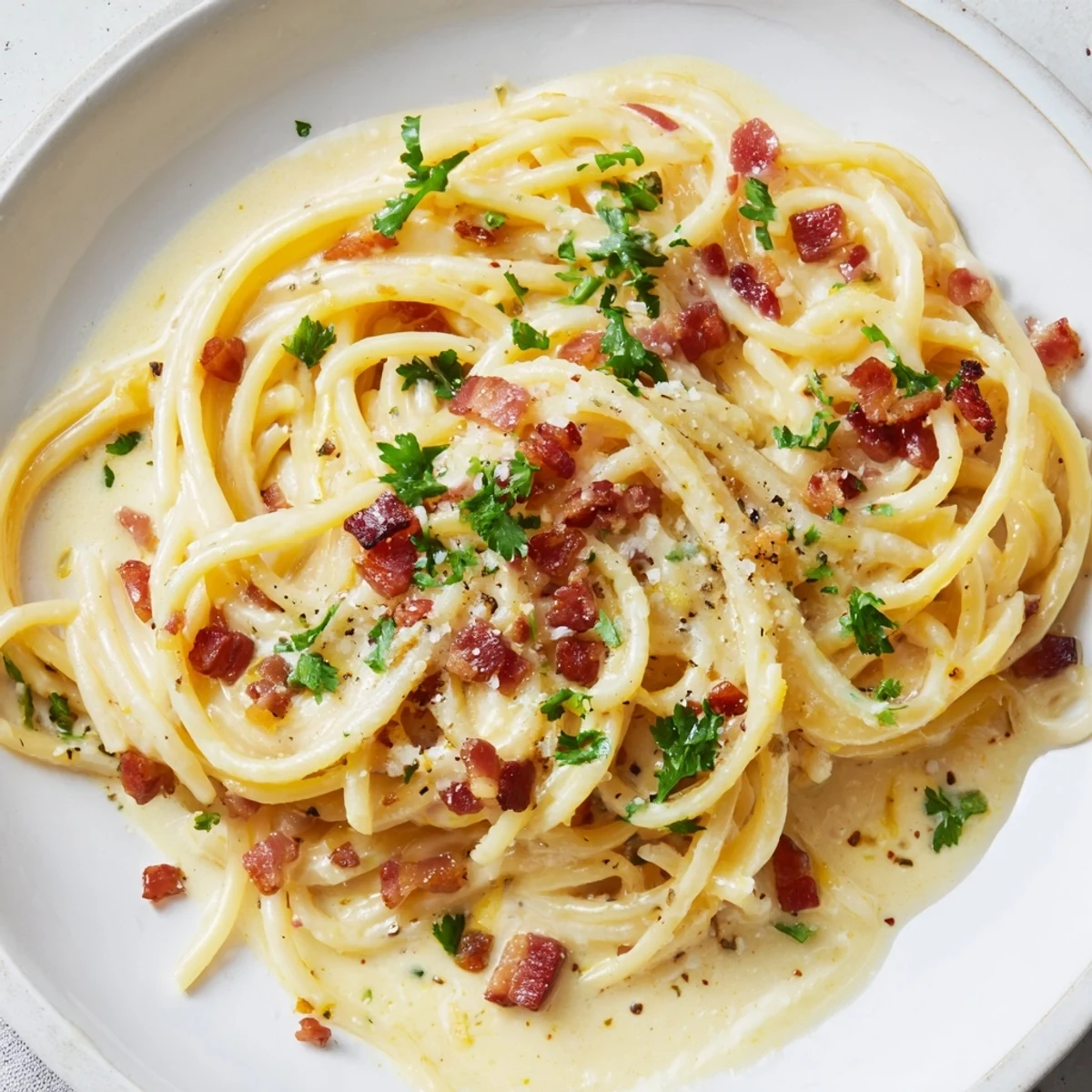 A close-up shot of rich Carbonara Ramen Fusion, featuring perfectly coated, golden noodles with cheese.