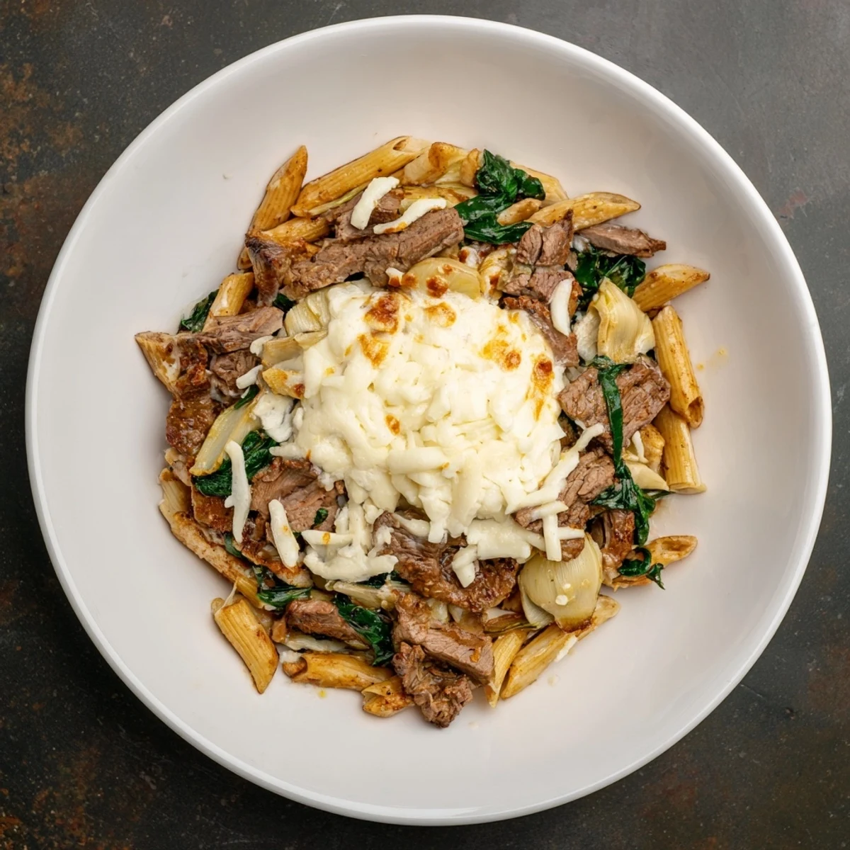 Steaming, bubbly Steak & Spinach Artichoke Pasta Bake topped with melted mozzarella, ready to serve.